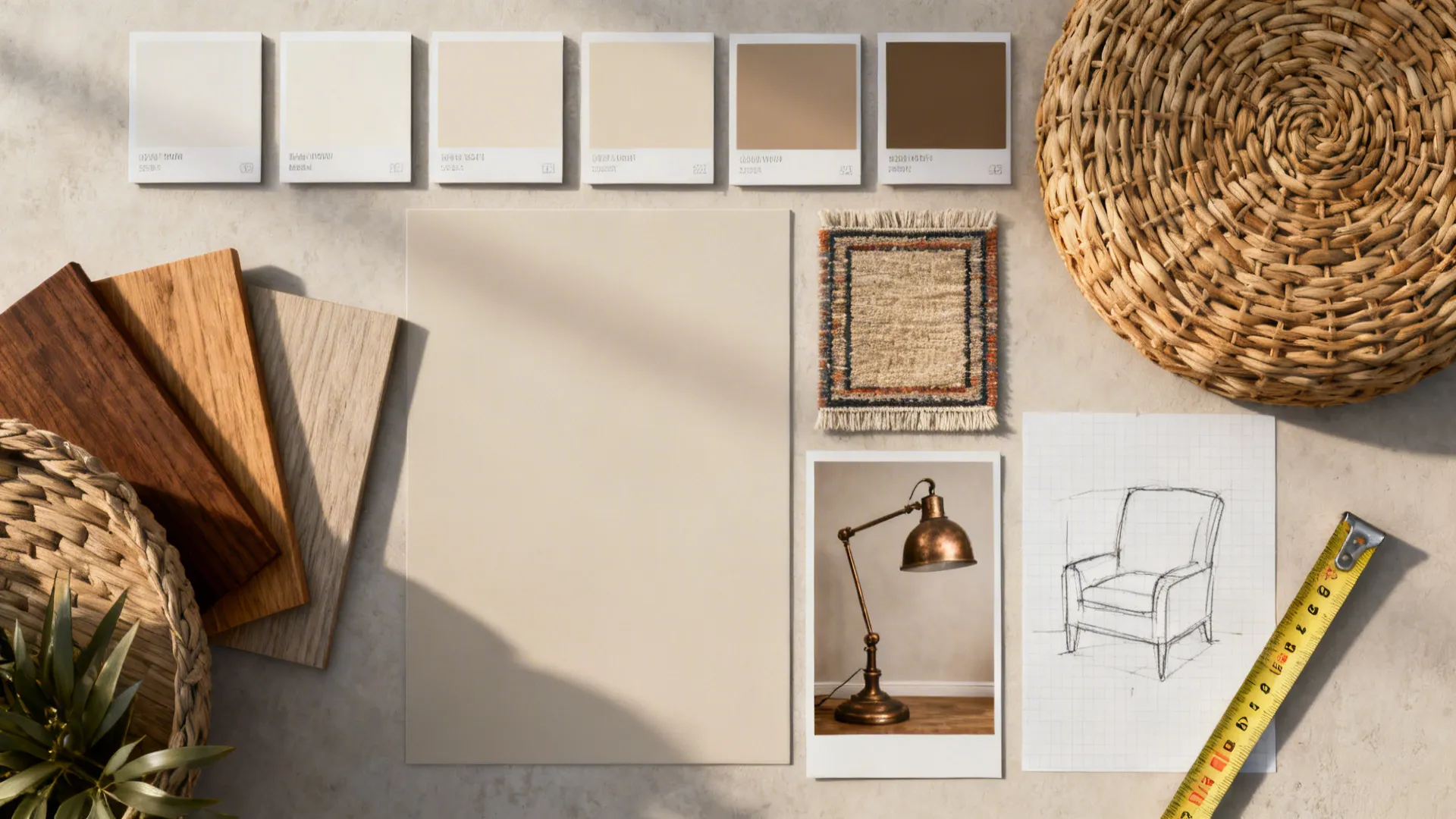 Flatlay moodboard with material swatches, rug sample, basket texture and a sketch for small living room planning.