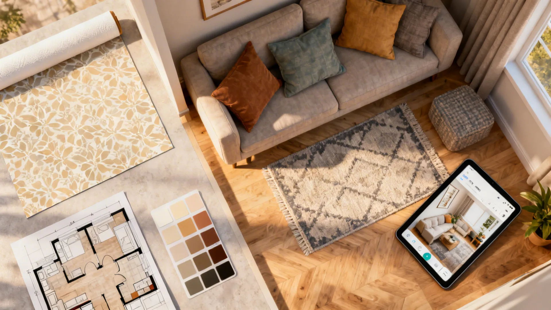 Top-down mood board with samples and a digital room planner for a small living room