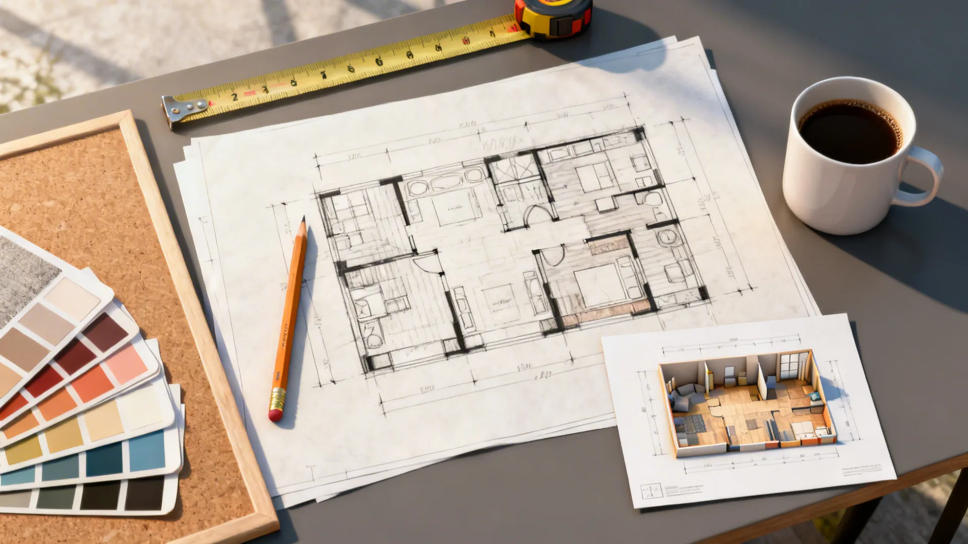 Mood board, floor plan sketch and tools used for budget makeover planning.