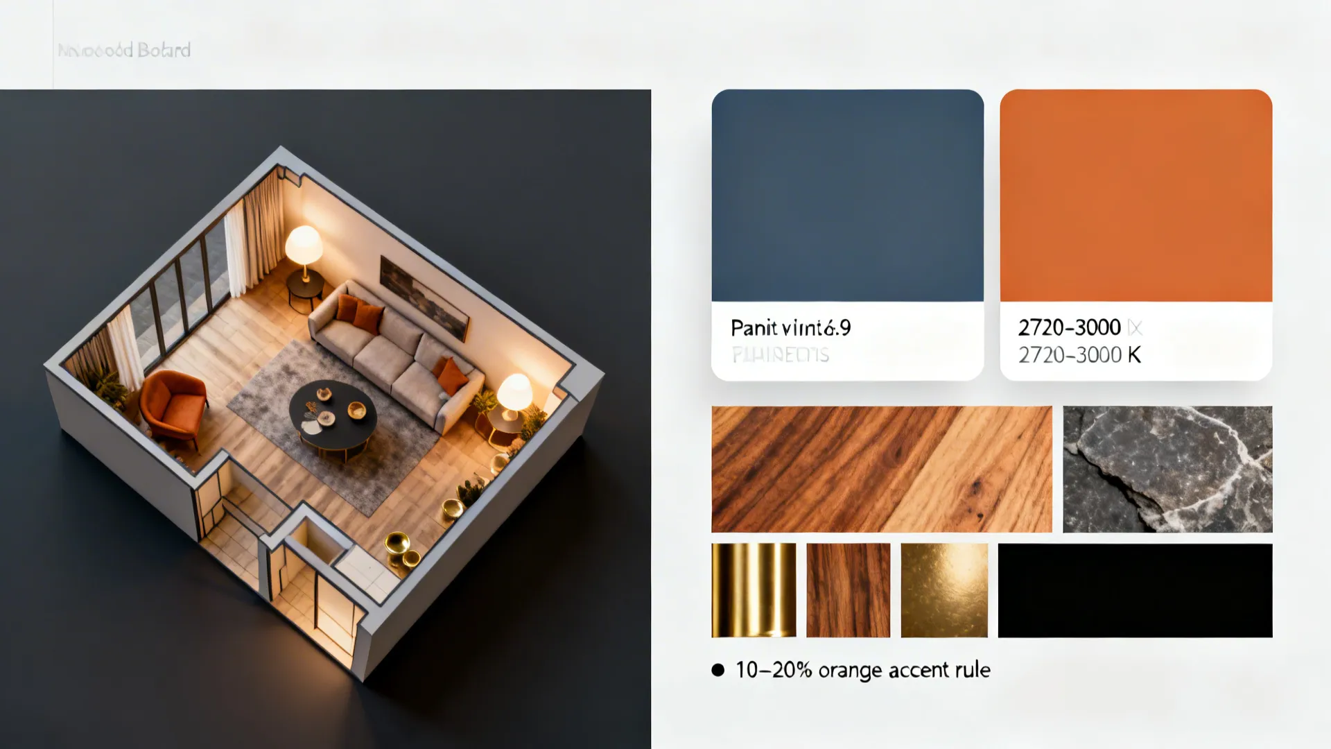 Top-down moodboard and mini floor-plan showing blue-gray and muted orange swatches and material samples