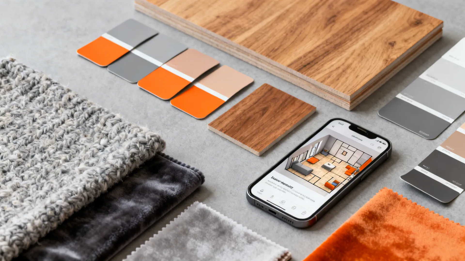 Moodboard flatlay with paint chips, fabric swatches, wood samples, and a phone showing a 3D planner.
