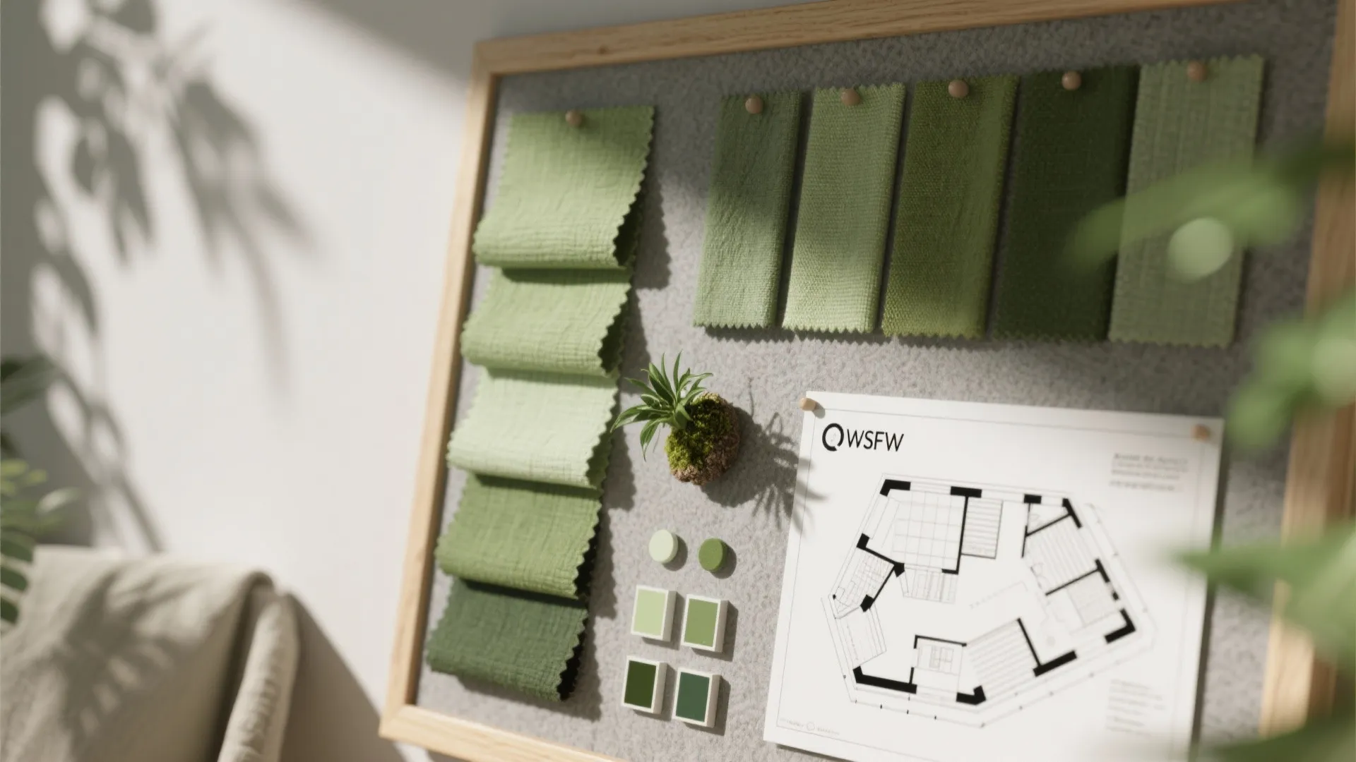 Mood board with green fabric swatches, paint chips and a small floor-plan mockup under natural light.