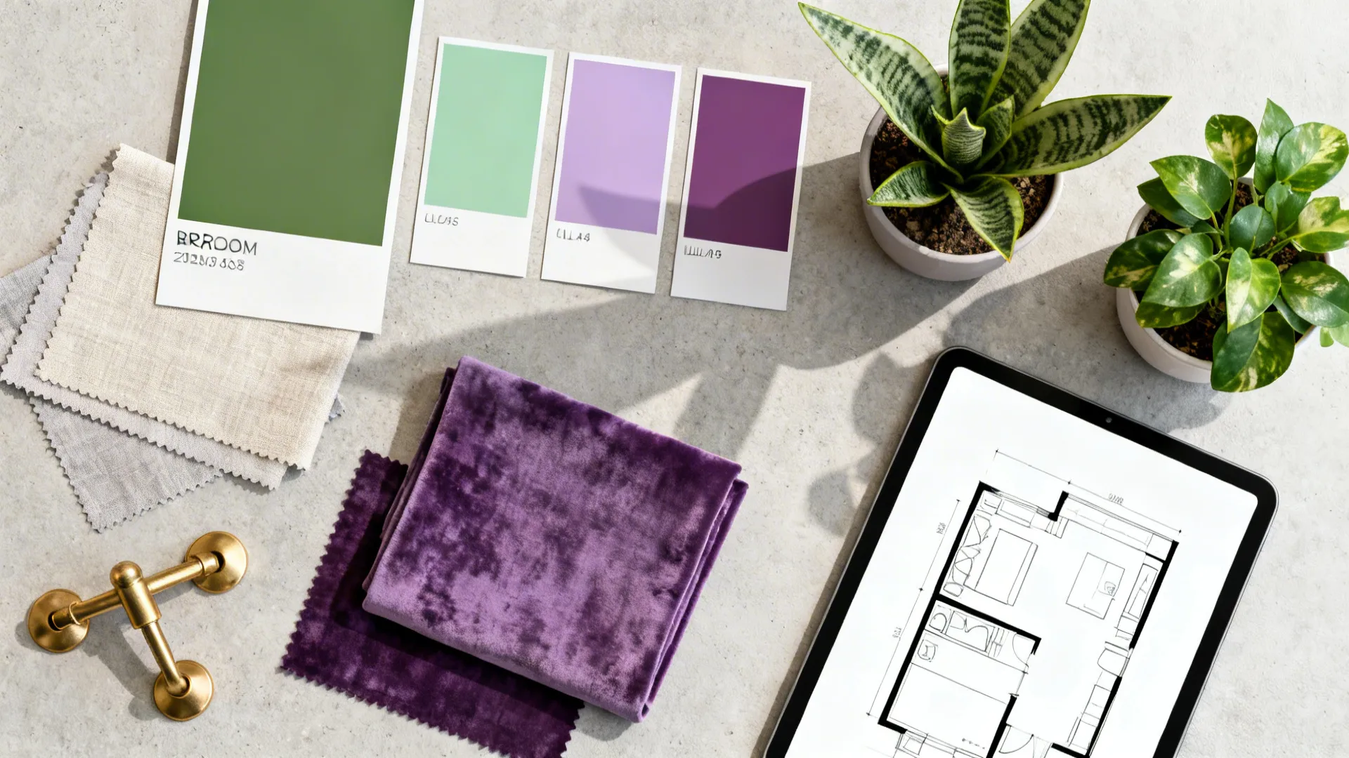 Moodboard flatlay with paint swatches, fabric samples and plant pots for green and purple bedroom