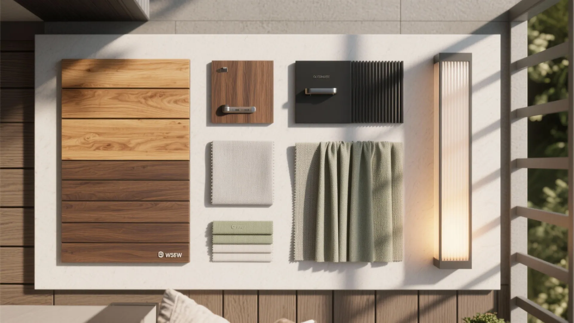 Interior design mood board with wood panels fabric swatches metal handles and a wall light