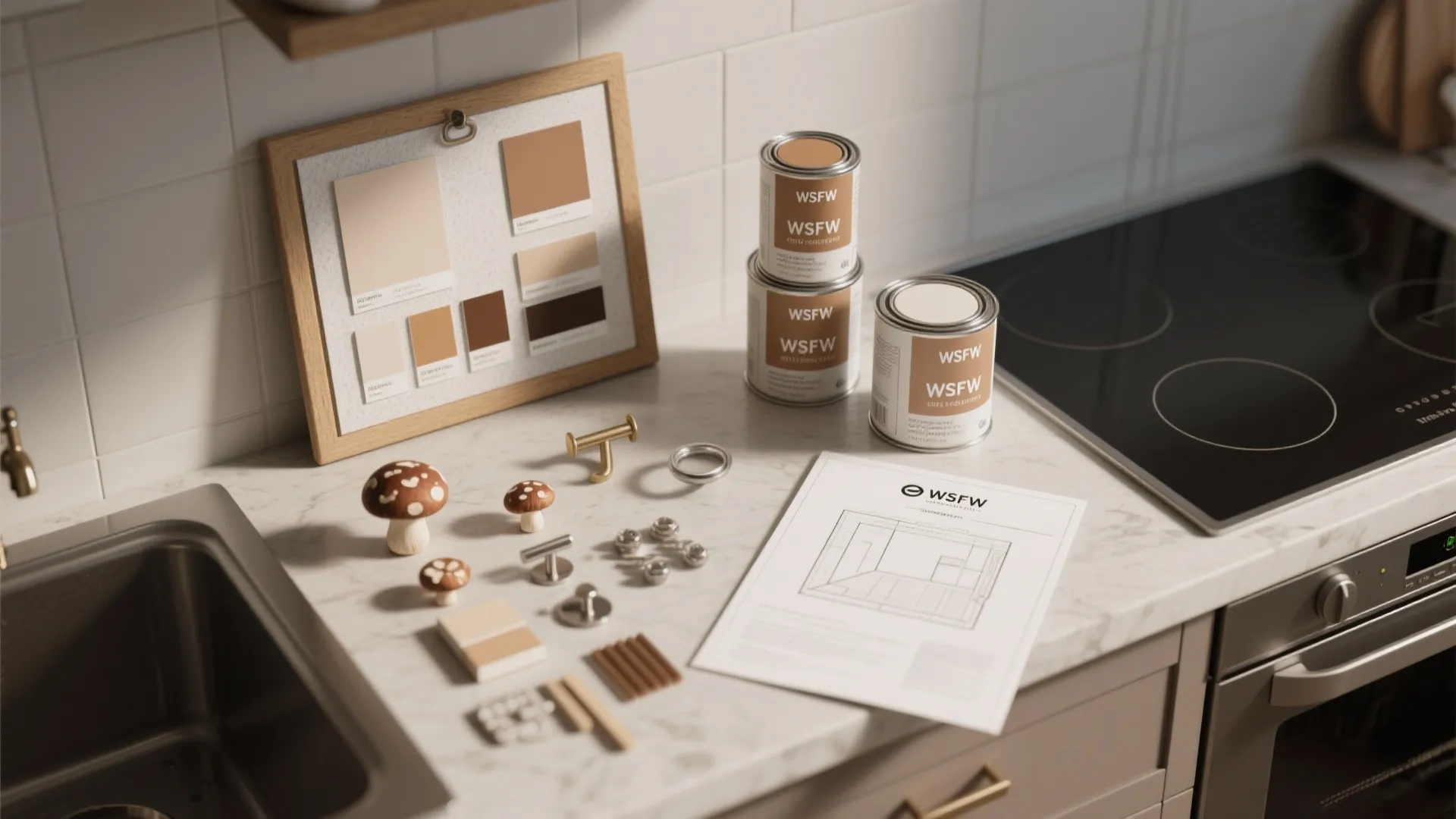 Top-down mood board with mushroom paint samples, hardware swatches and room planner printout on a kitchen counter.
