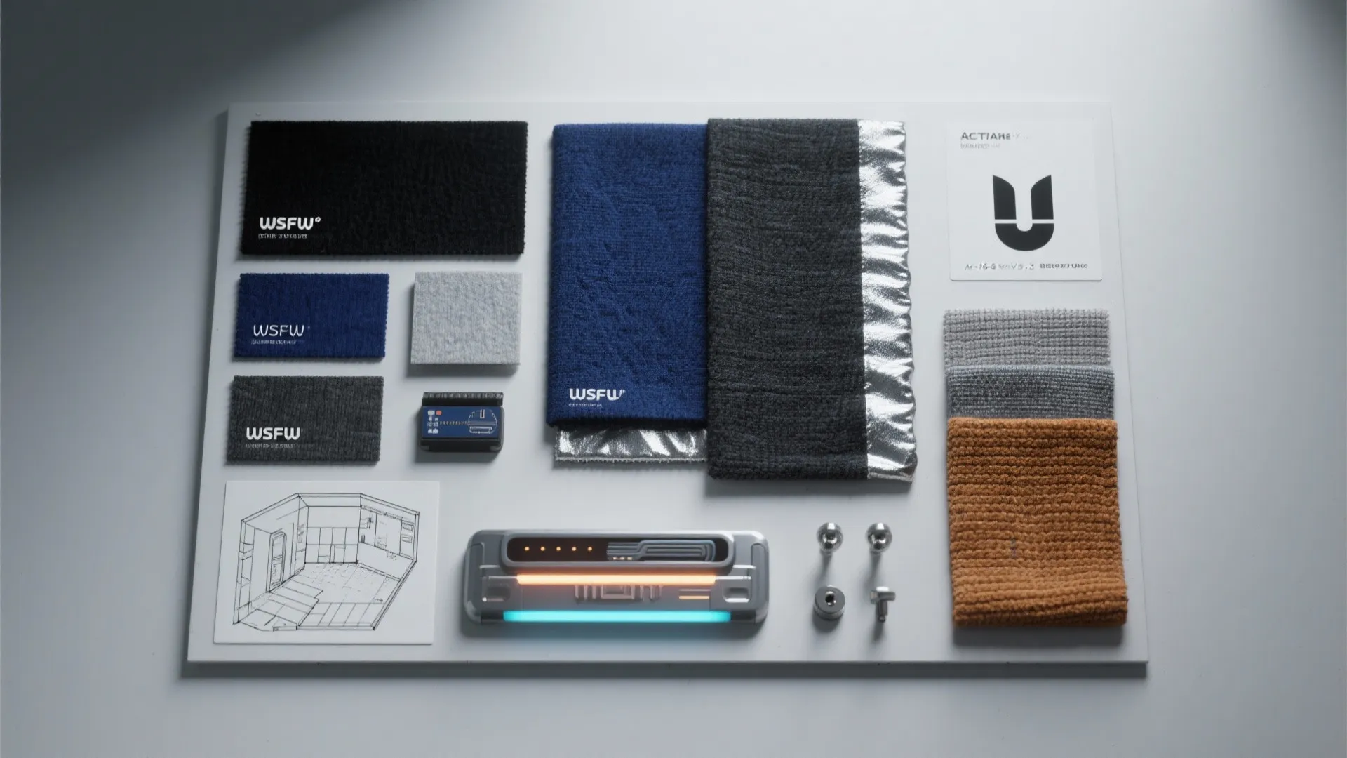 Moodboard flatlay with color swatches, metallic samples, LED strip and textile textures for a spaceship-themed bedroom.