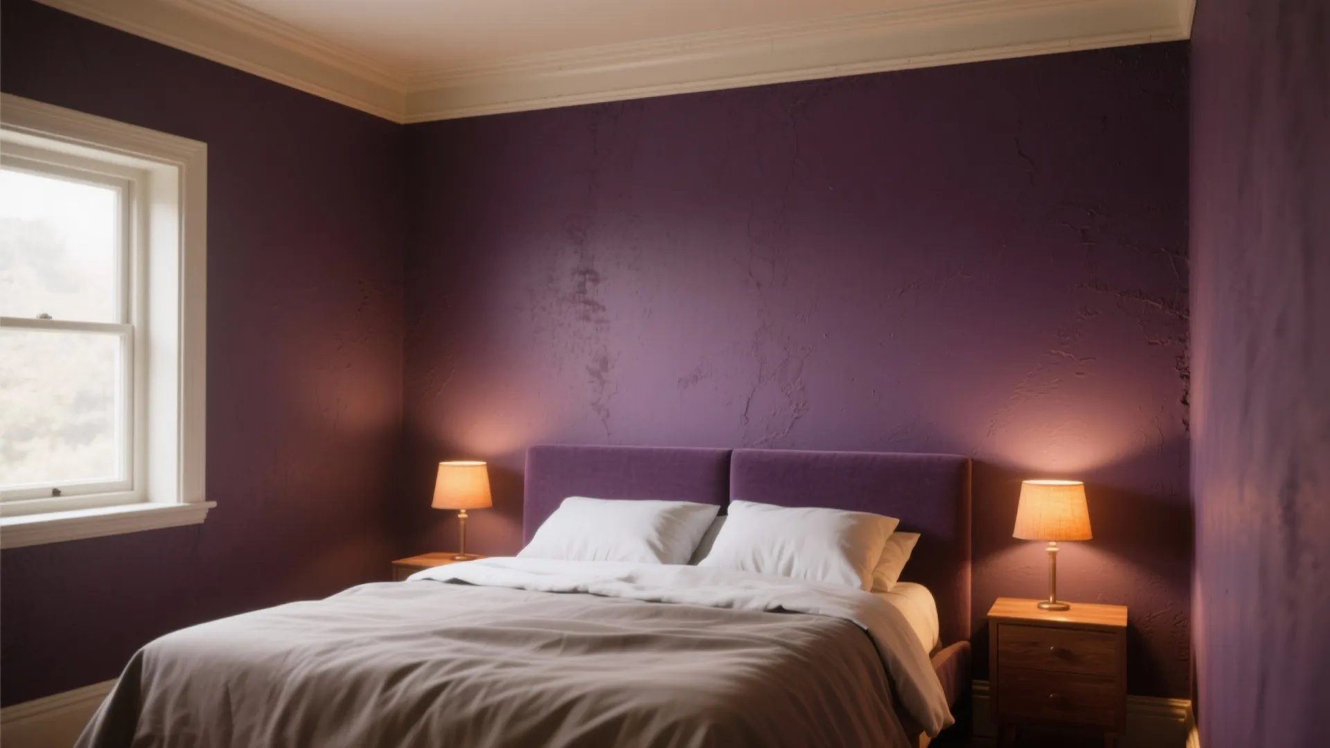 Modern bedroom featuring purple walls with white window and bed between two small wooden tables