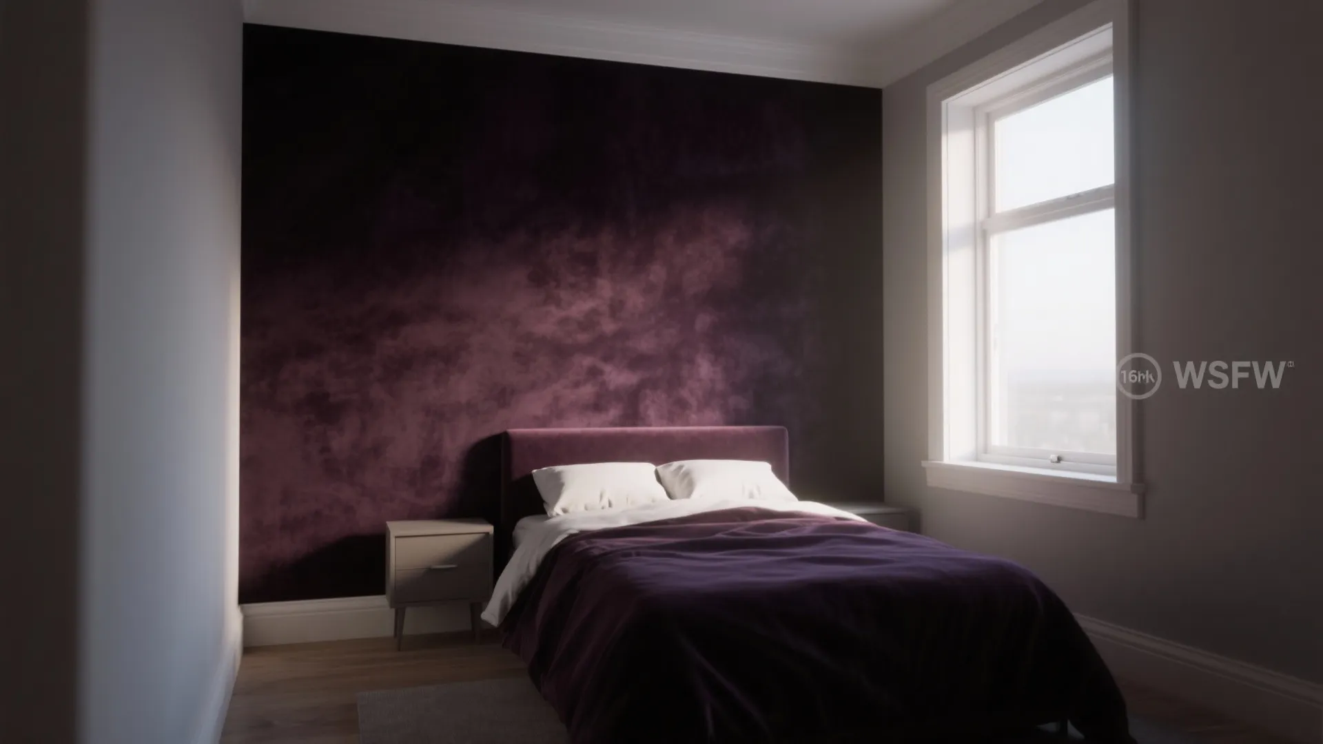 Modern bedroom with dark purple wall, purple bed, white pillows, side table, and bright window