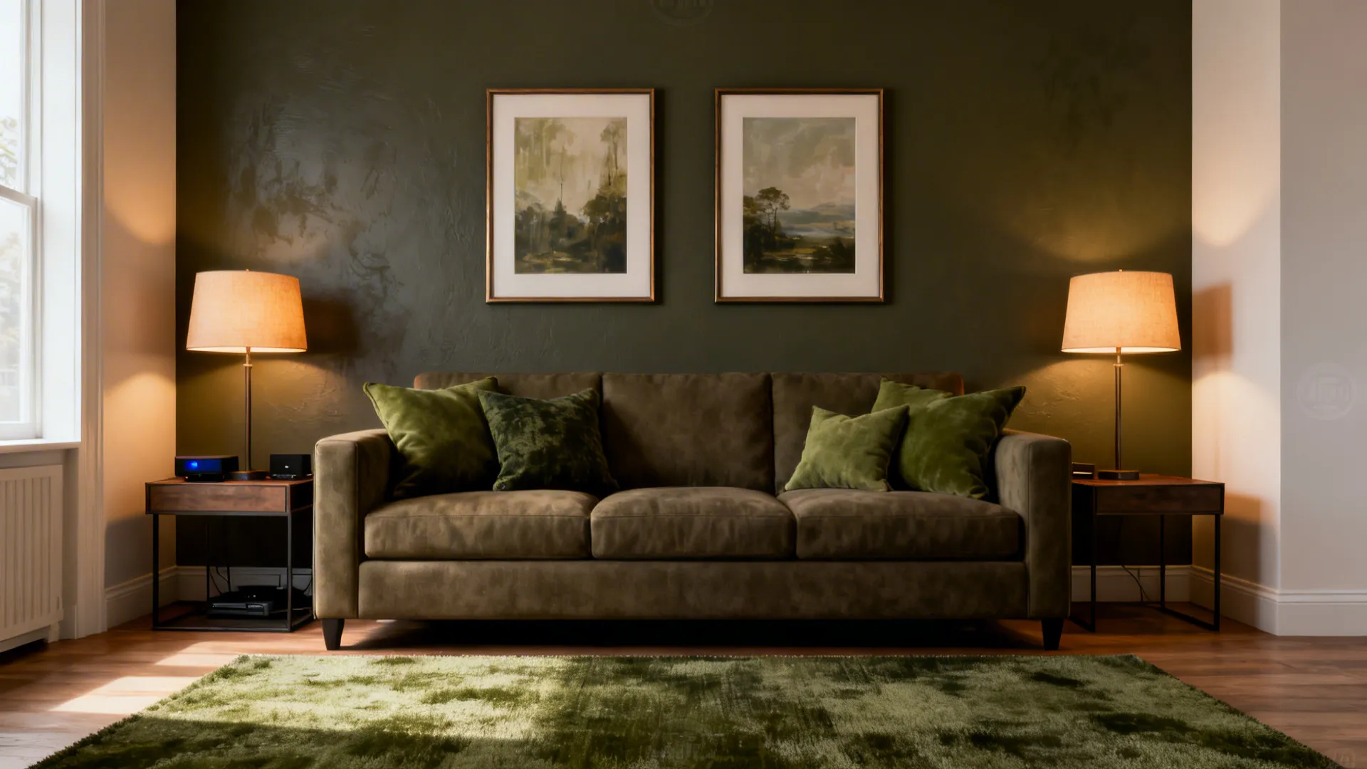 Living room with deep olive accent wall behind the sofa, warm lamps, and coordinated textiles.