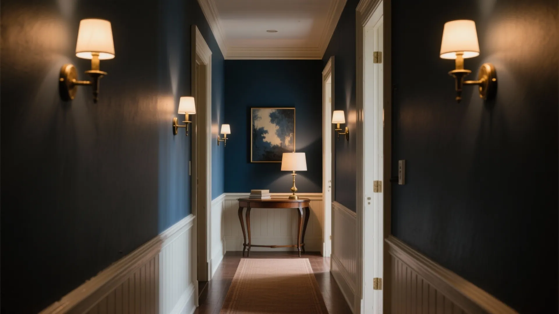 Dark blue hallway with white wall panel wooden side table small lamp and golden wall lights