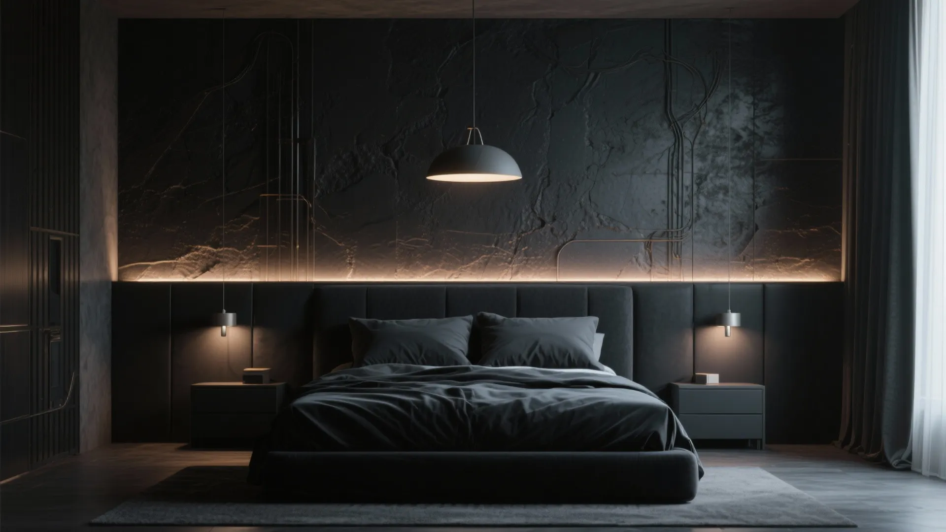 Luxury dark bedroom with stone wall panel and warm ceiling light plus symmetrical wall lights