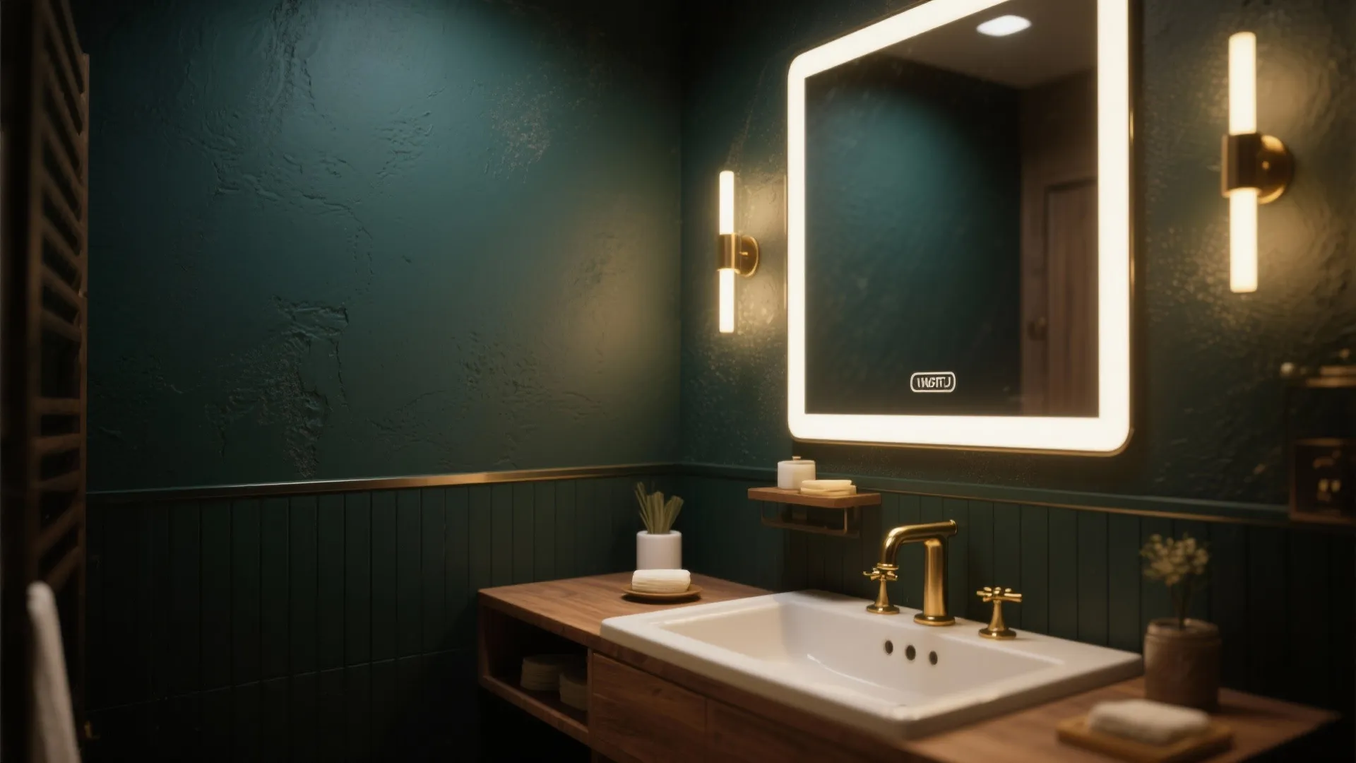 Dark green bathroom with lighted mirror gold faucet wooden cabinet and two matching wall lights