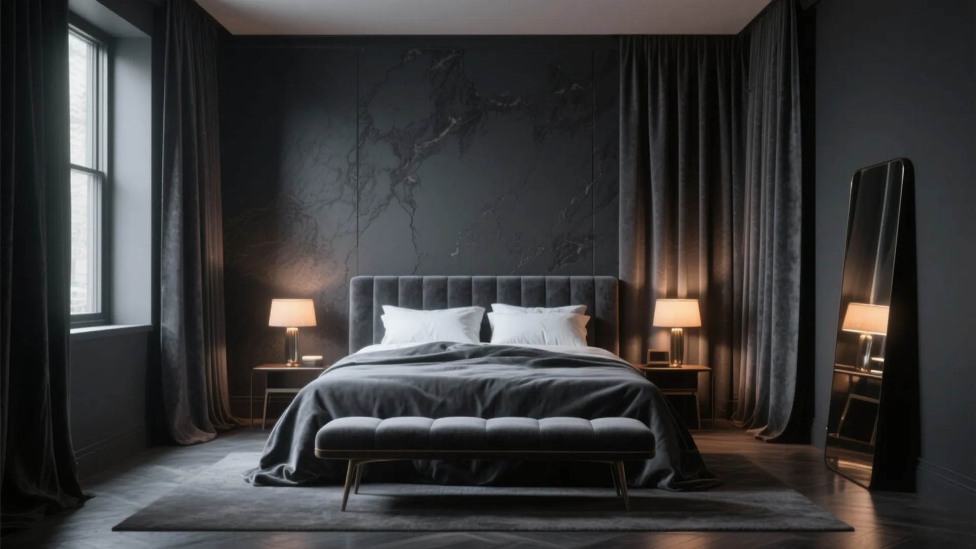 2. Moody Accent Wall and Velvet Upholstery