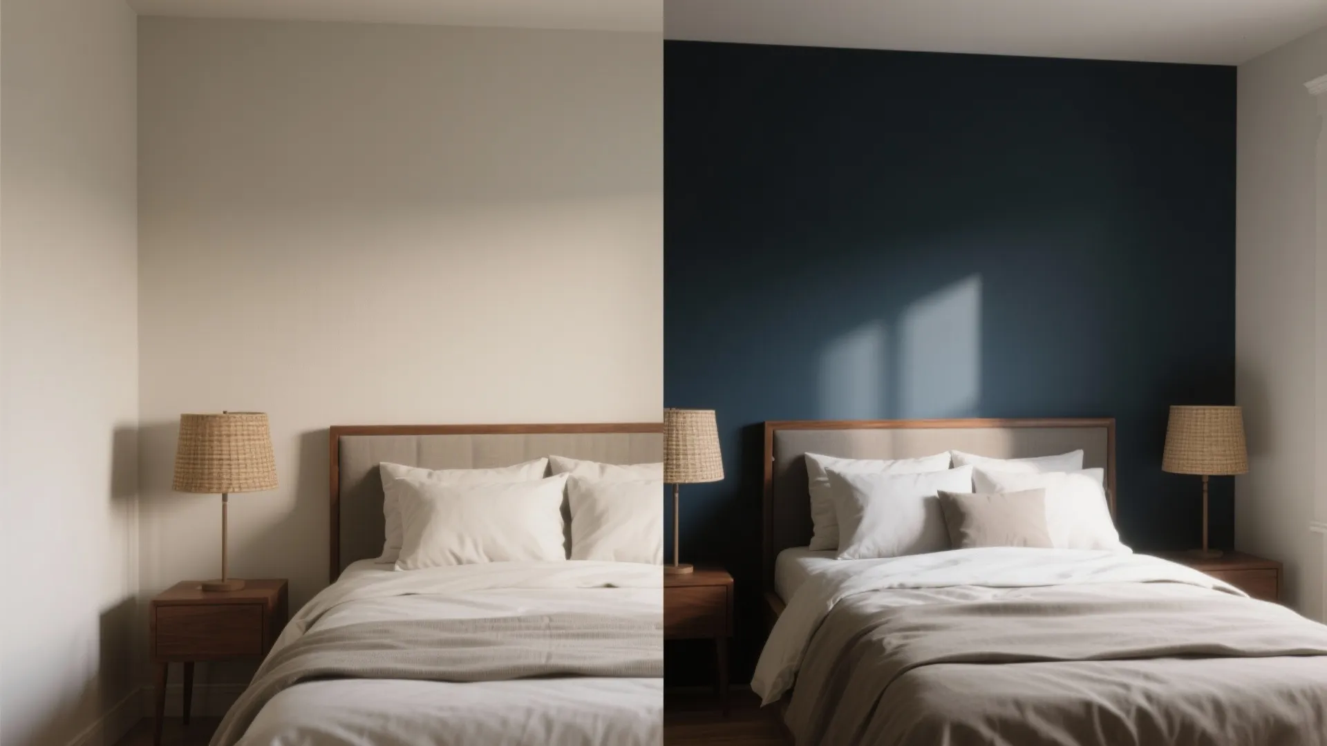 Before and after view of a bedroom wall changing from light beige to dark blue