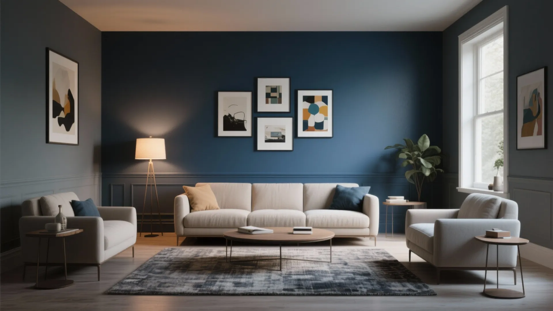 Modern living room with blue accent wall cream sofa wood coffee table and wall art