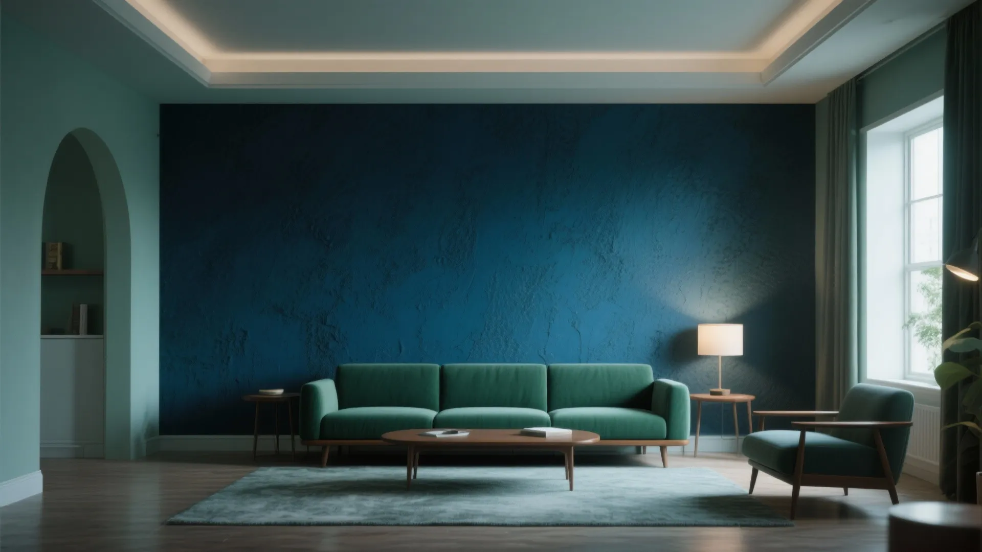 Modern living room featuring a dark blue wall green sofa wooden coffee table and rug