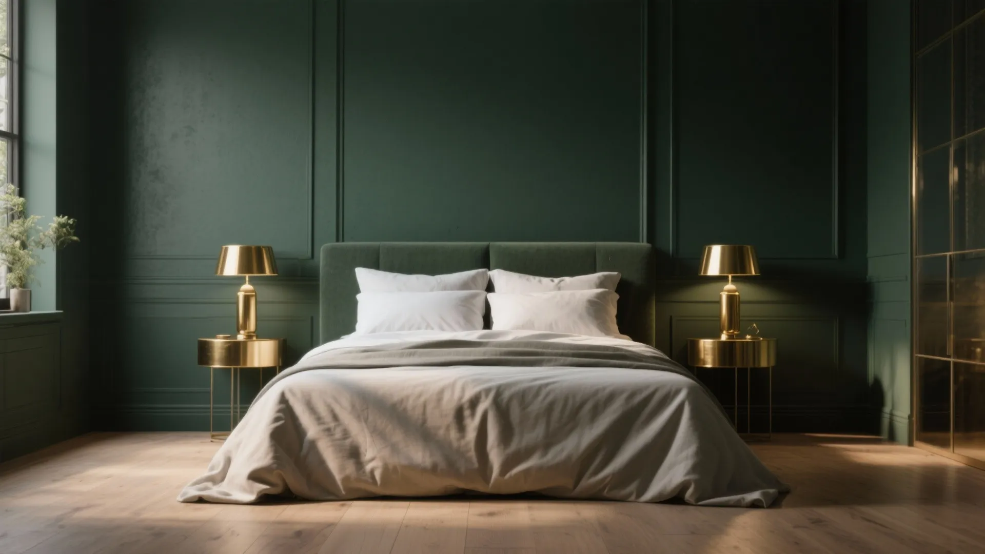 Bedroom with a deep green accent wall, brass lamps and minimal bedding for a moody look.