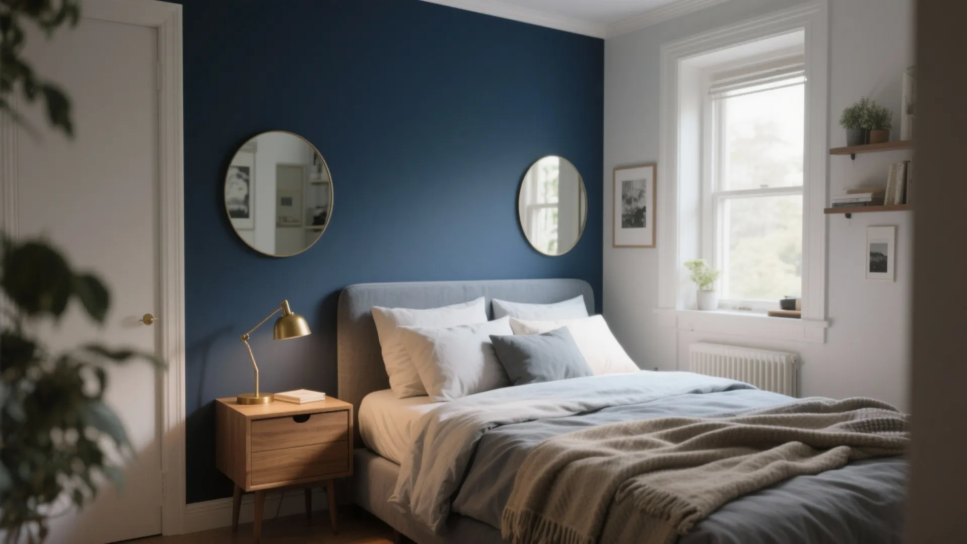 Small bedroom with a deep navy accent wall, light bedding and mirrors to balance the space.