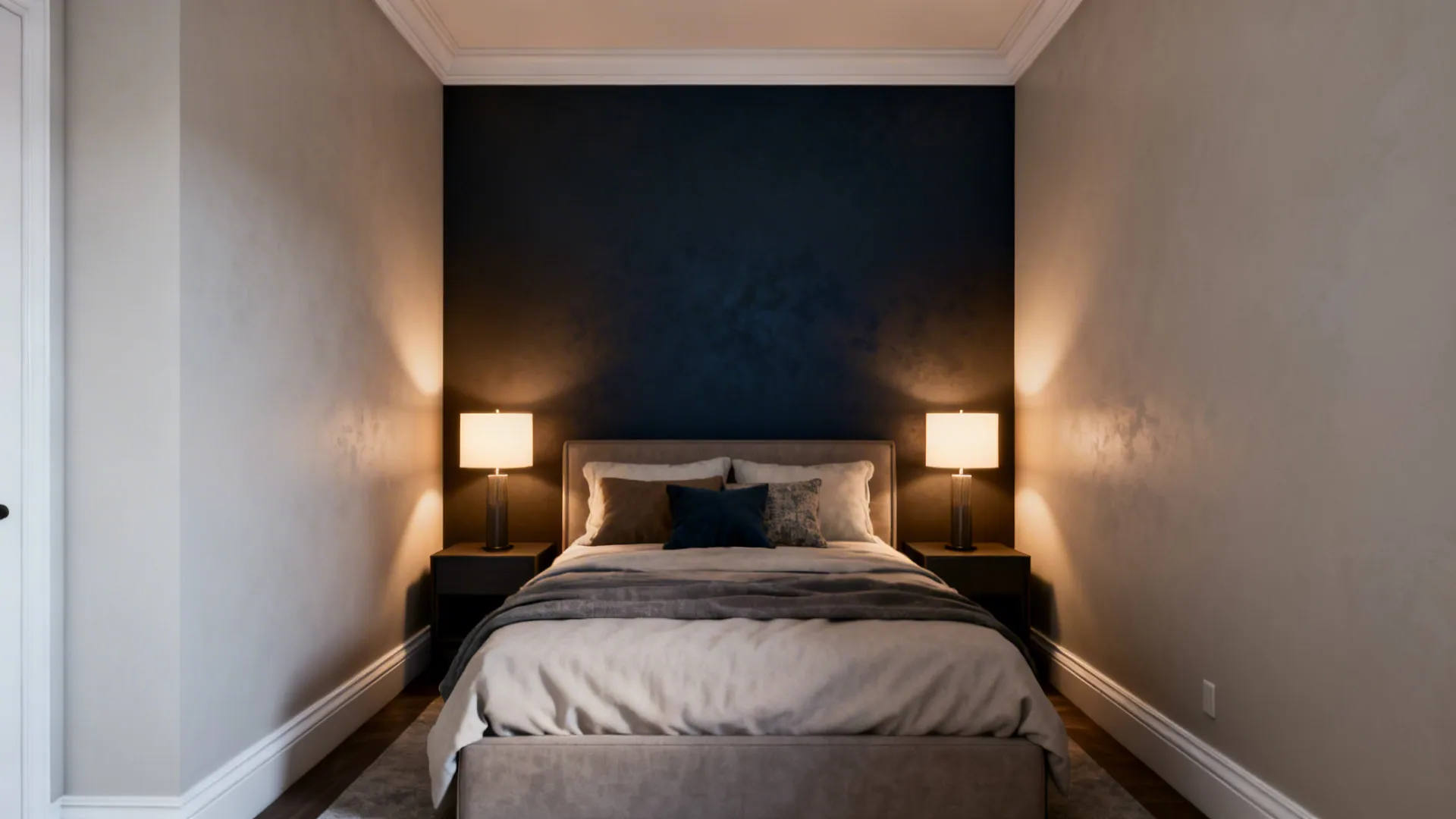 Compact bedroom with a single deep moody accent wall behind the bed and light surrounding walls.