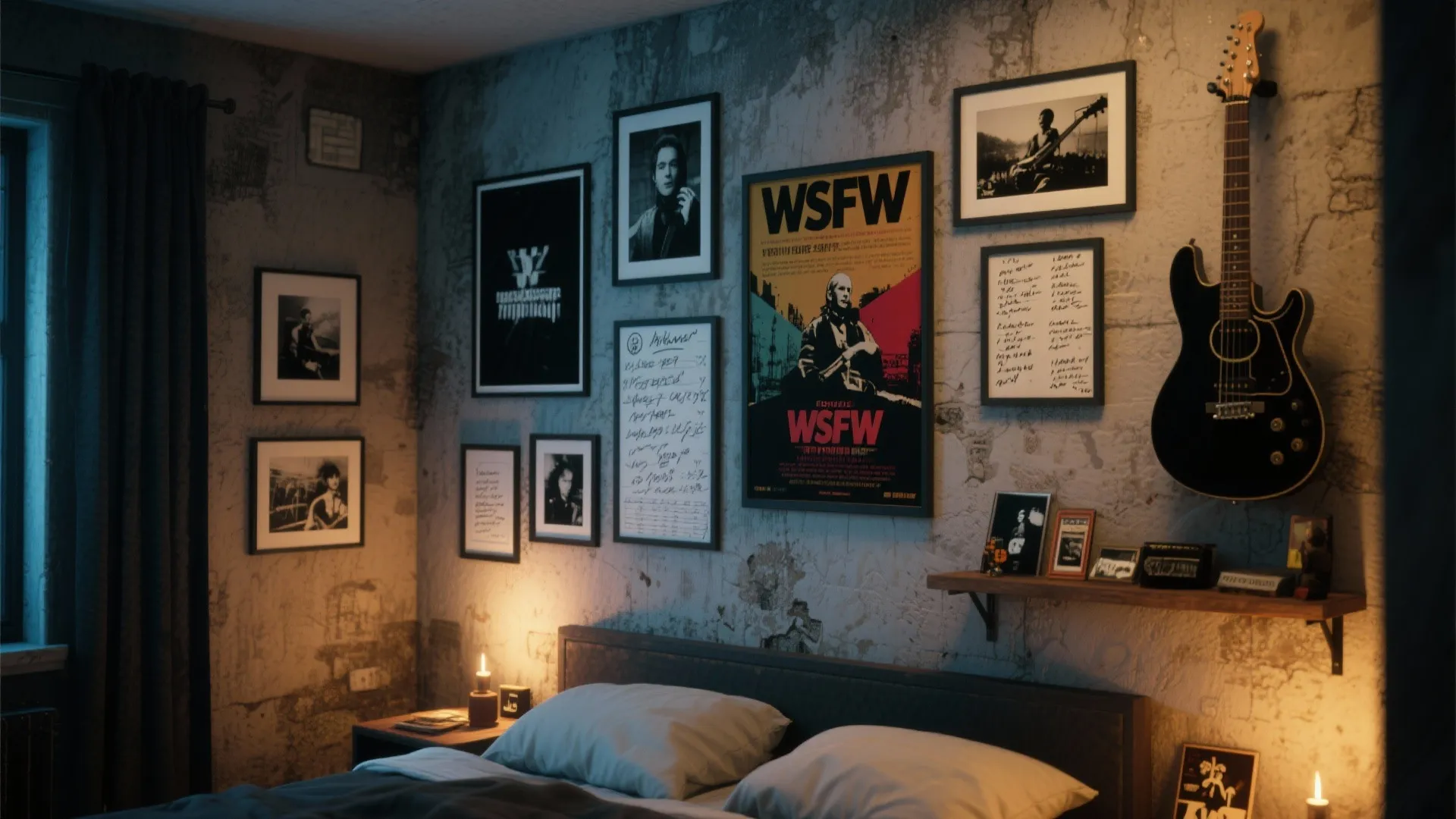Moody bedroom with grey walls decorated with black and white posters and an electric guitar