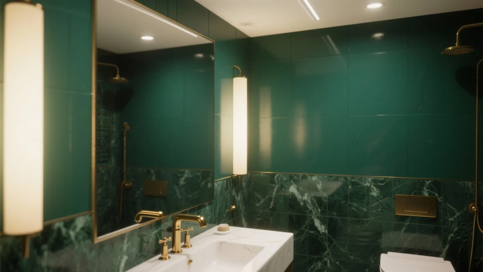 Boutique bathroom with phthalo green wet-room walls, brass fixtures, and a large mirror creating a luxe atmosphere.