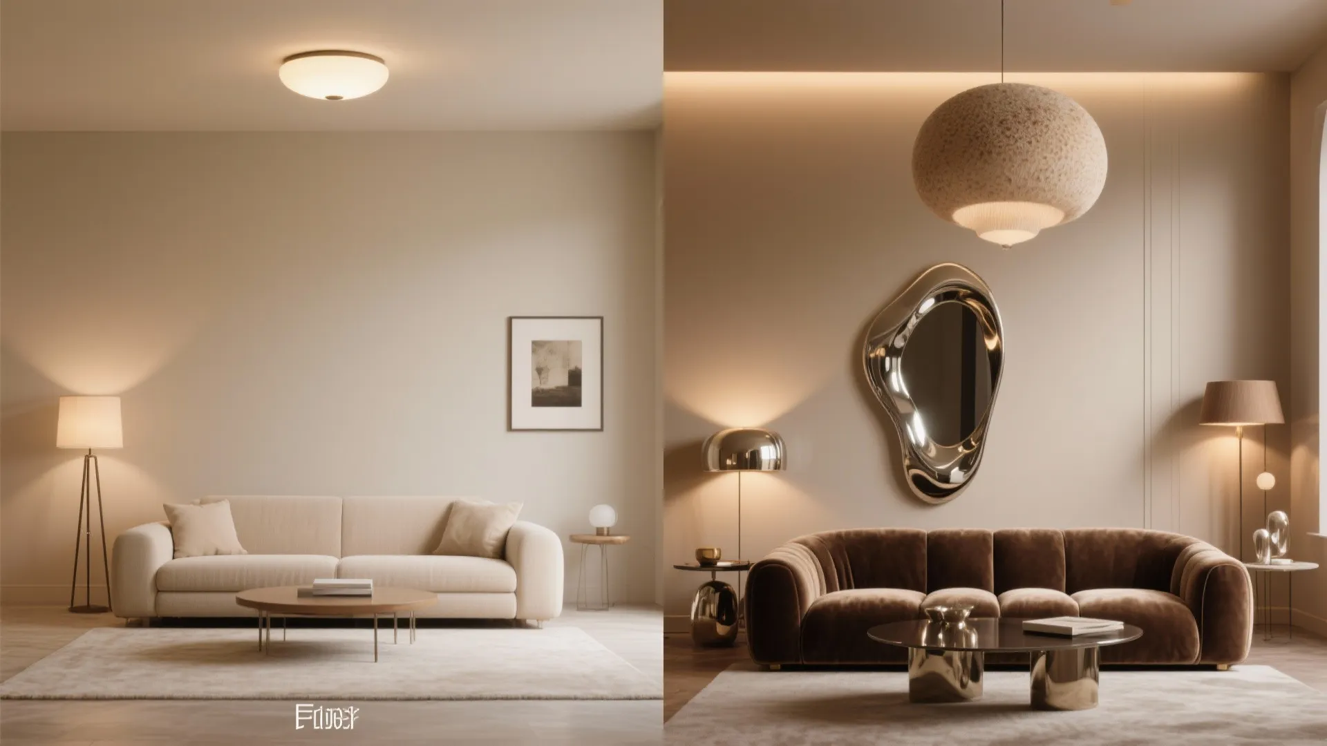 Side by side comparison of light beige and dark brown living room interior design styles