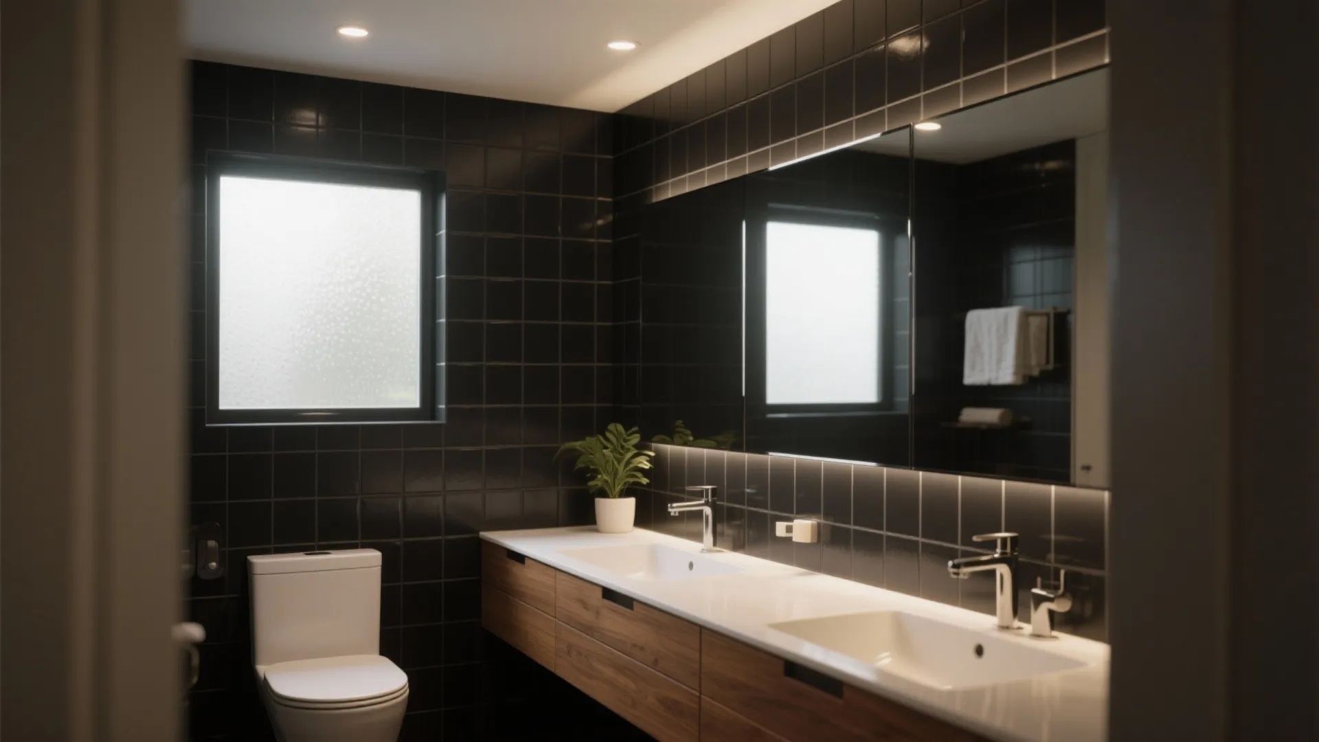 Dark bathroom interior with double white sinks wooden cabinet large mirror toilet and natural window