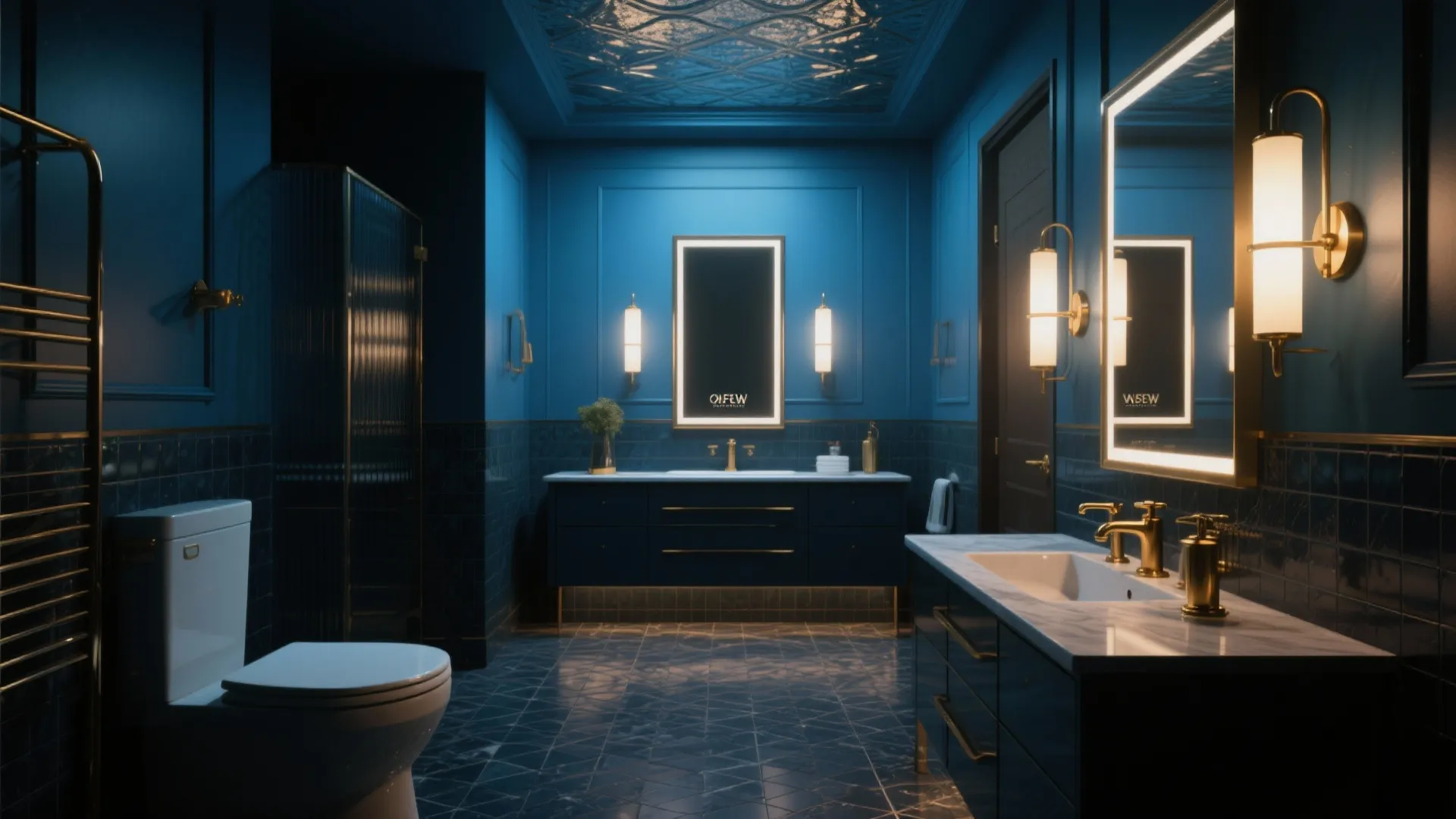 Luxury dark blue bathroom with gold faucets white toilet marble floor and glowing wall light fixtures
