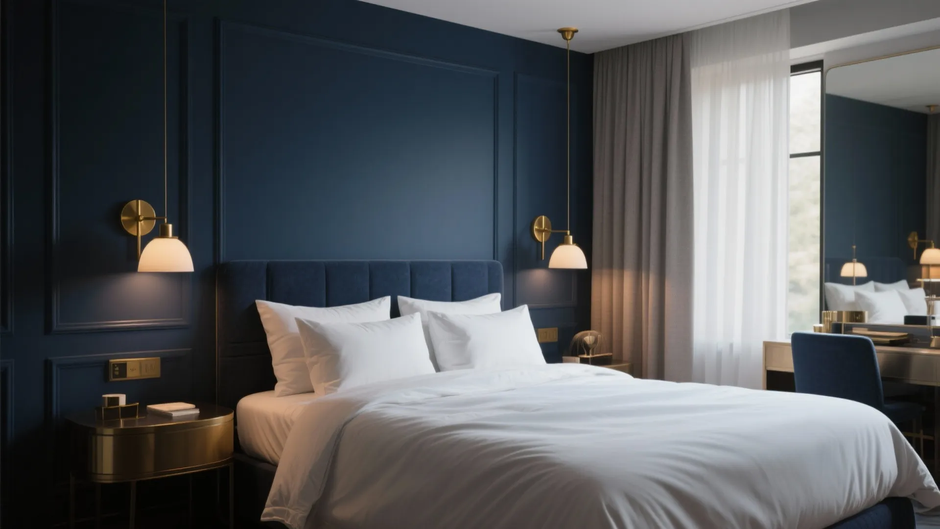 Bedroom featuring deep navy wall with brass lighting accents