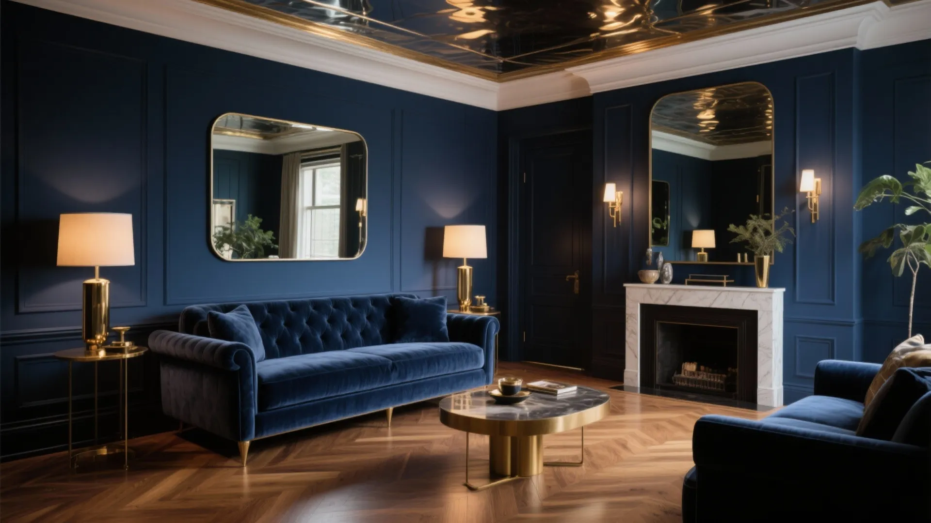 Dark blue living room with velvet sofa, white fireplace, wall lights, and glossy gold ceiling