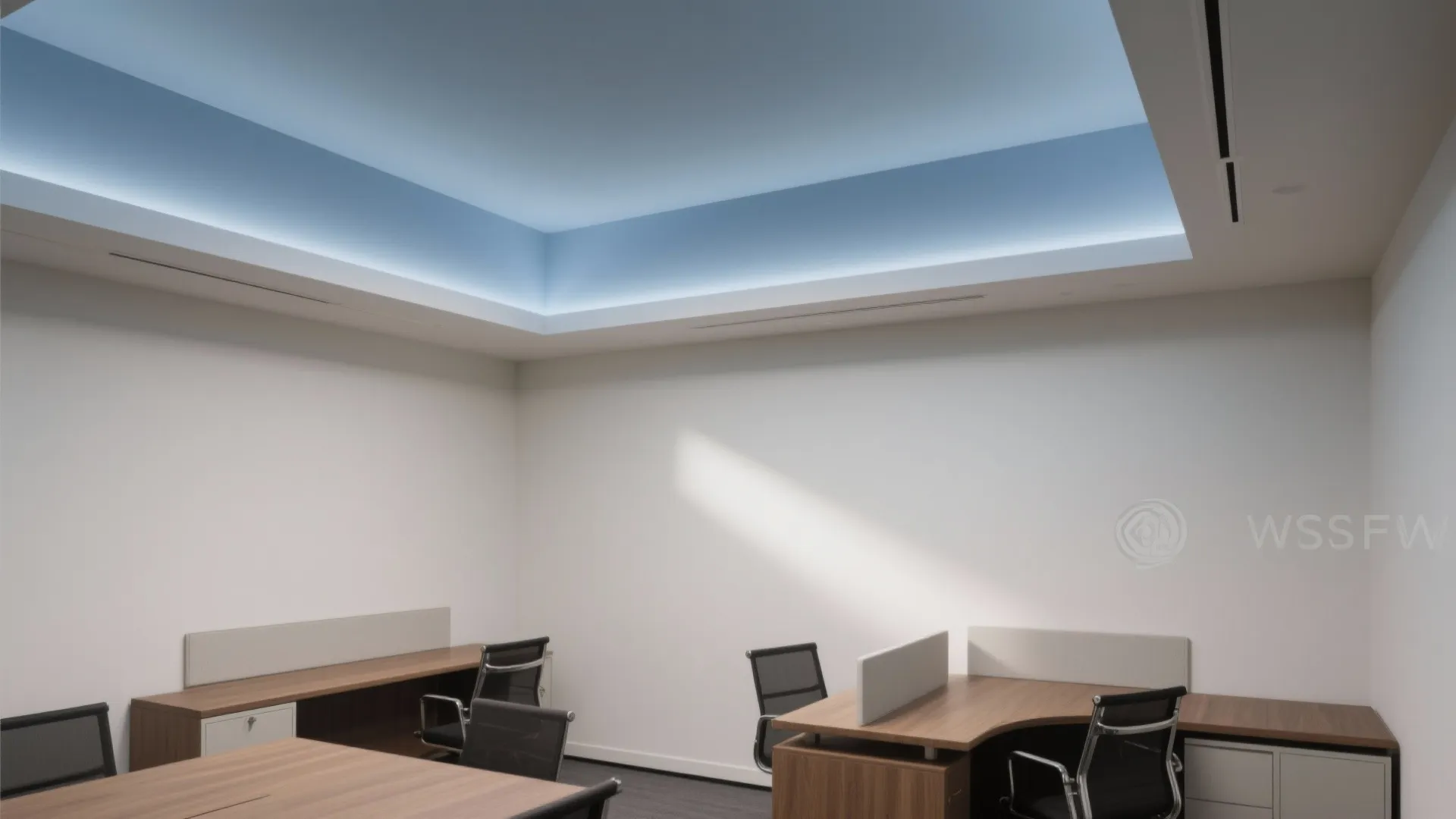 Office room interior design drawing with light blue ceiling light fixture wooden desks and black chairs