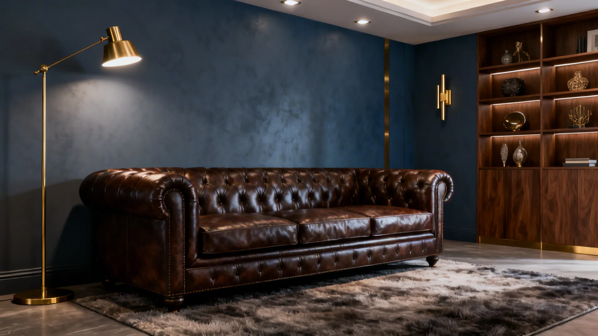 Dark brown sofa with moody blue-gray walls and warm brass accents
