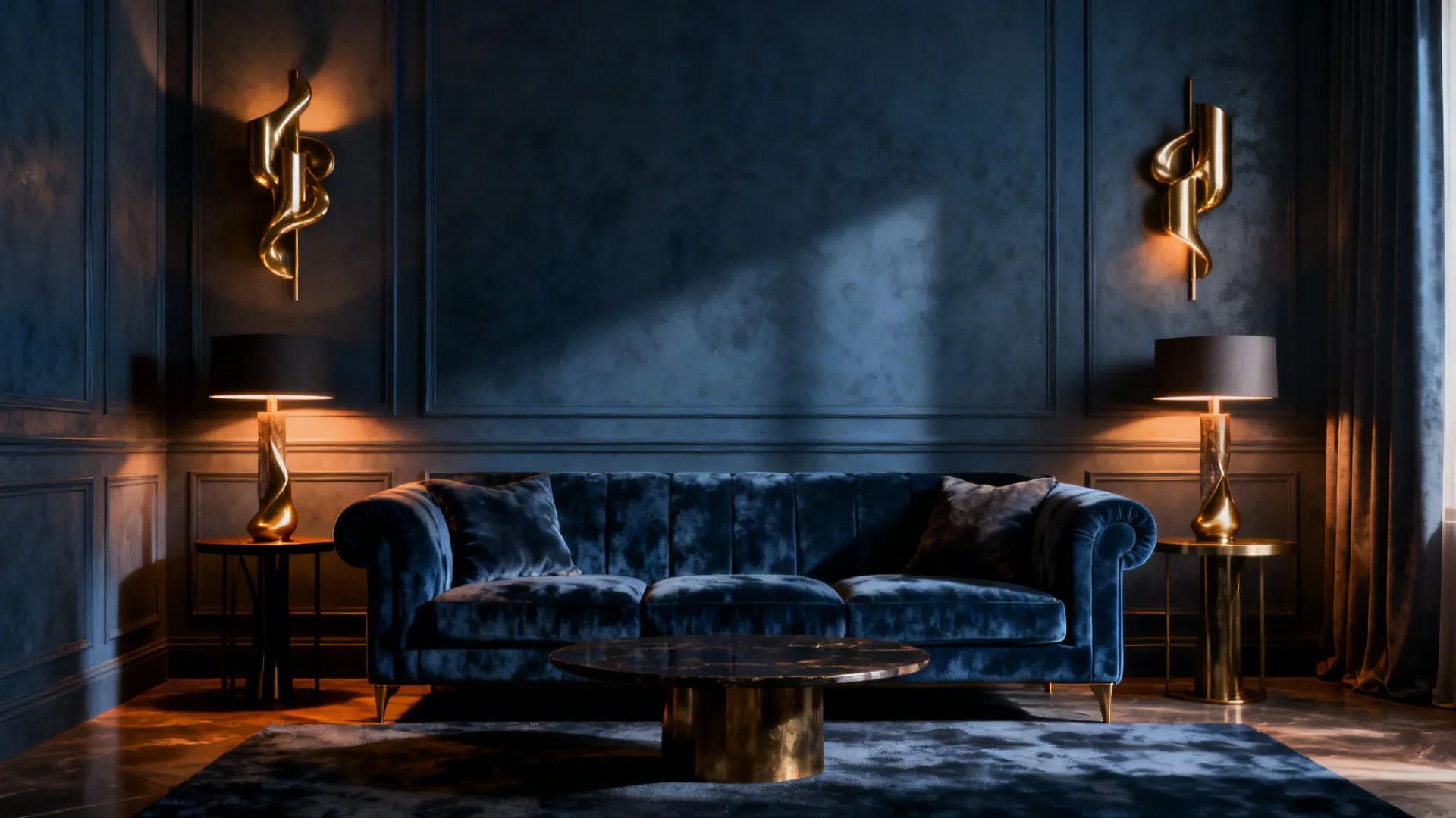 Dark blue living room featuring navy velvet sofa gold wall lights and marble coffee table
