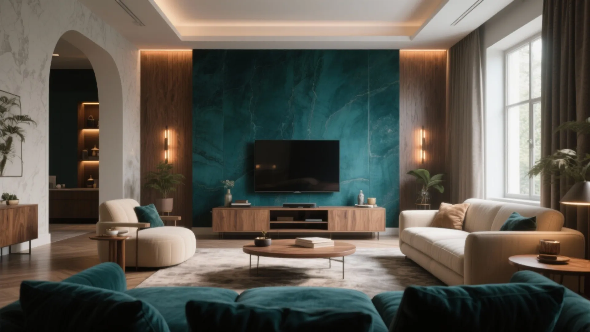Modern living room featuring a dark teal marble wall wood cabinets and white sofa with lighting