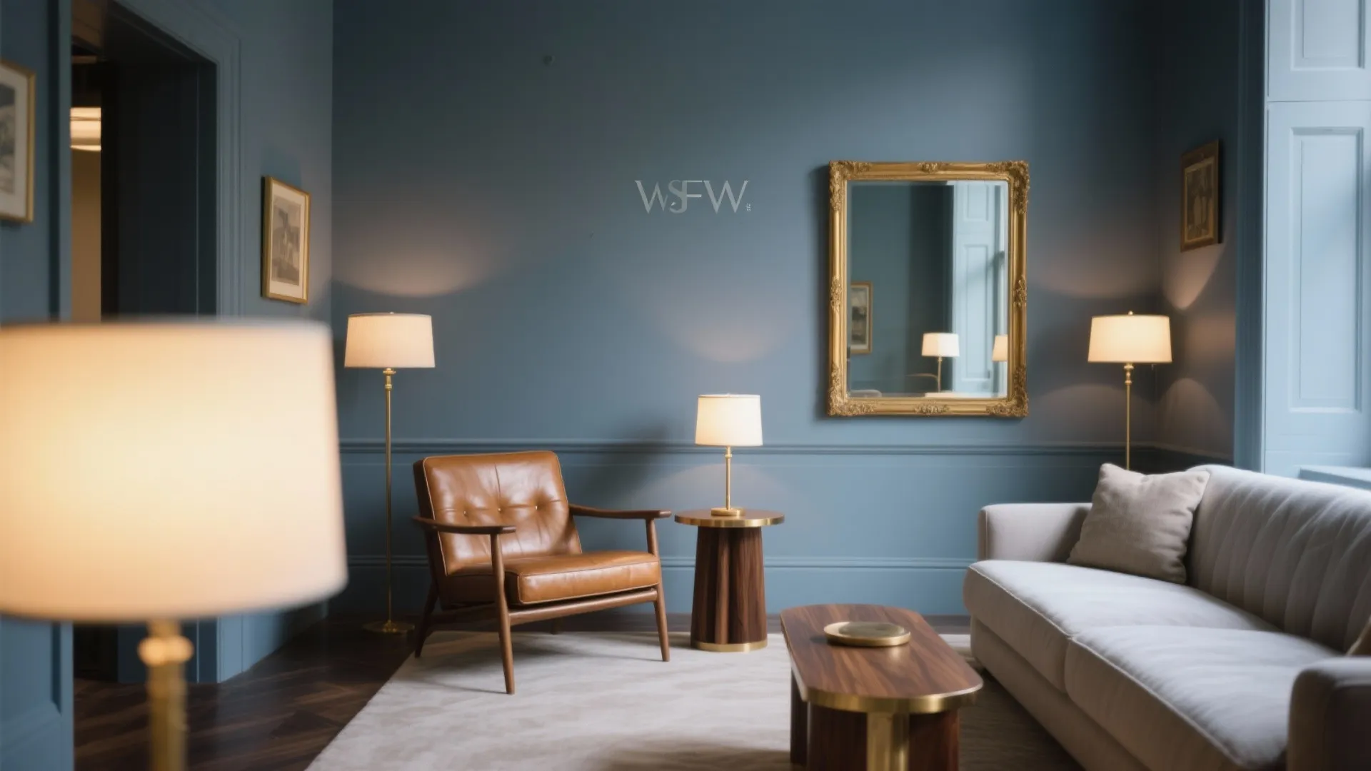 Elegant blue living room with leather chair, grey sofa, gold mirror, and warm floor lamps