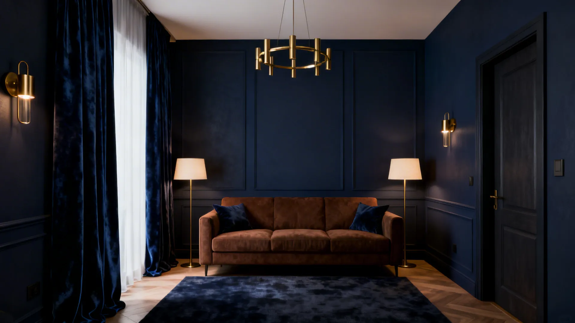 Dark blue living room with brown sofa, gold ceiling light, floor lamps, and navy curtains