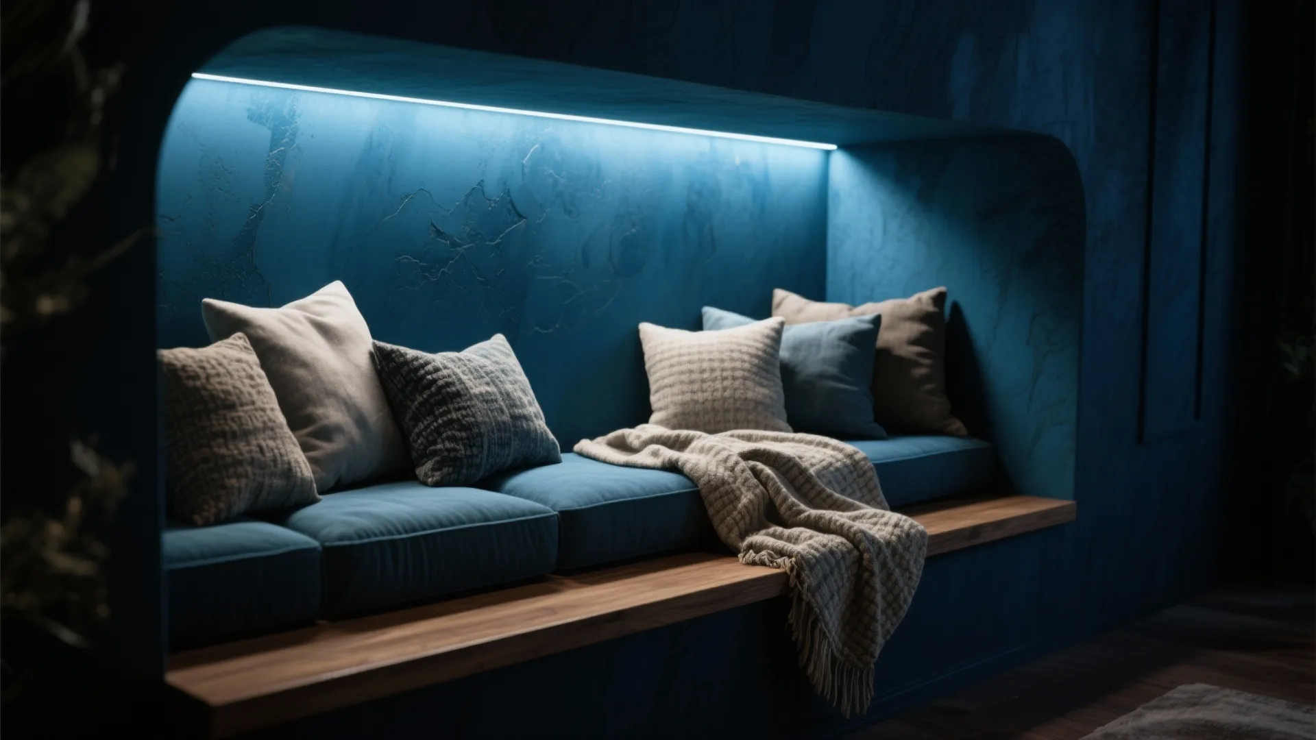 Cozy built-in seating nook painted moody blue with layered textiles and warm wood bench.