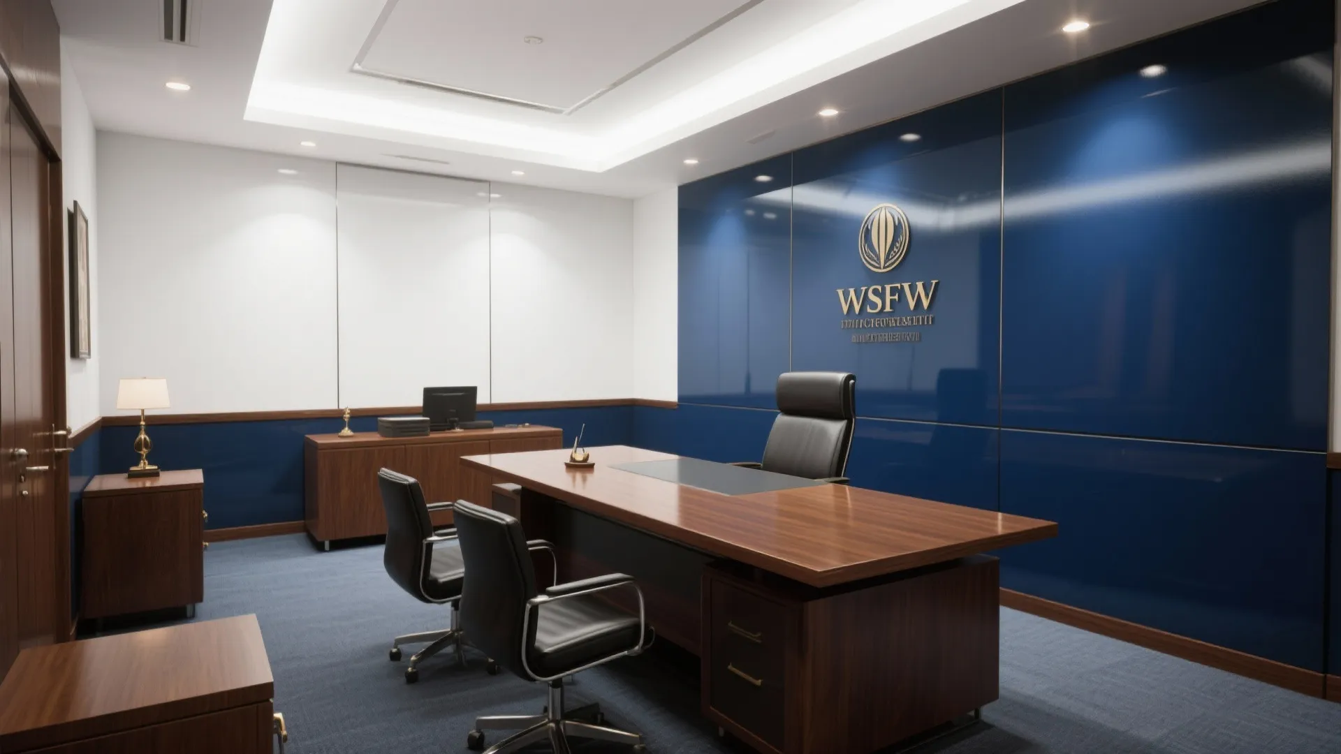 Dark blue executive office with large wooden desk, black chairs, cabinet, wall light, and blue wall