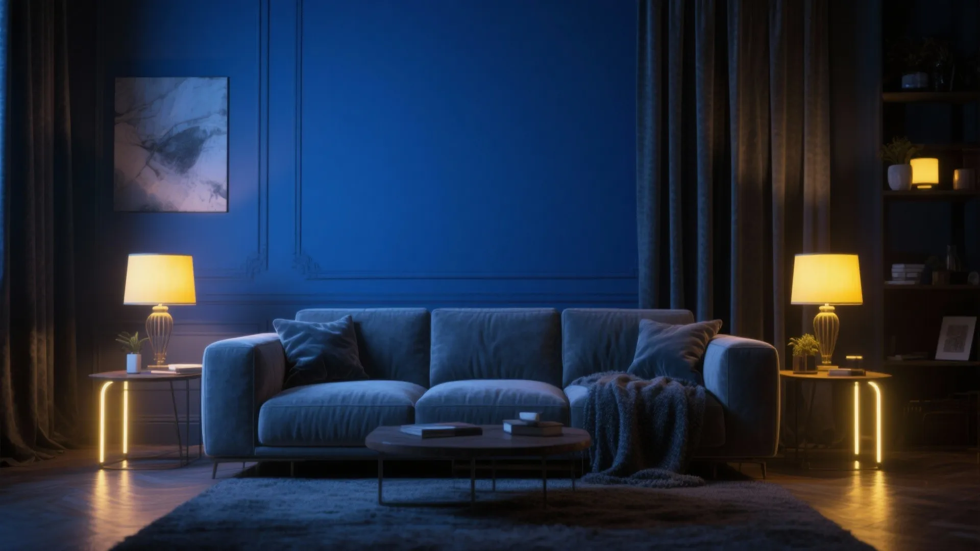 2. Cozy Moody Blue with Warm Yellow Lighting