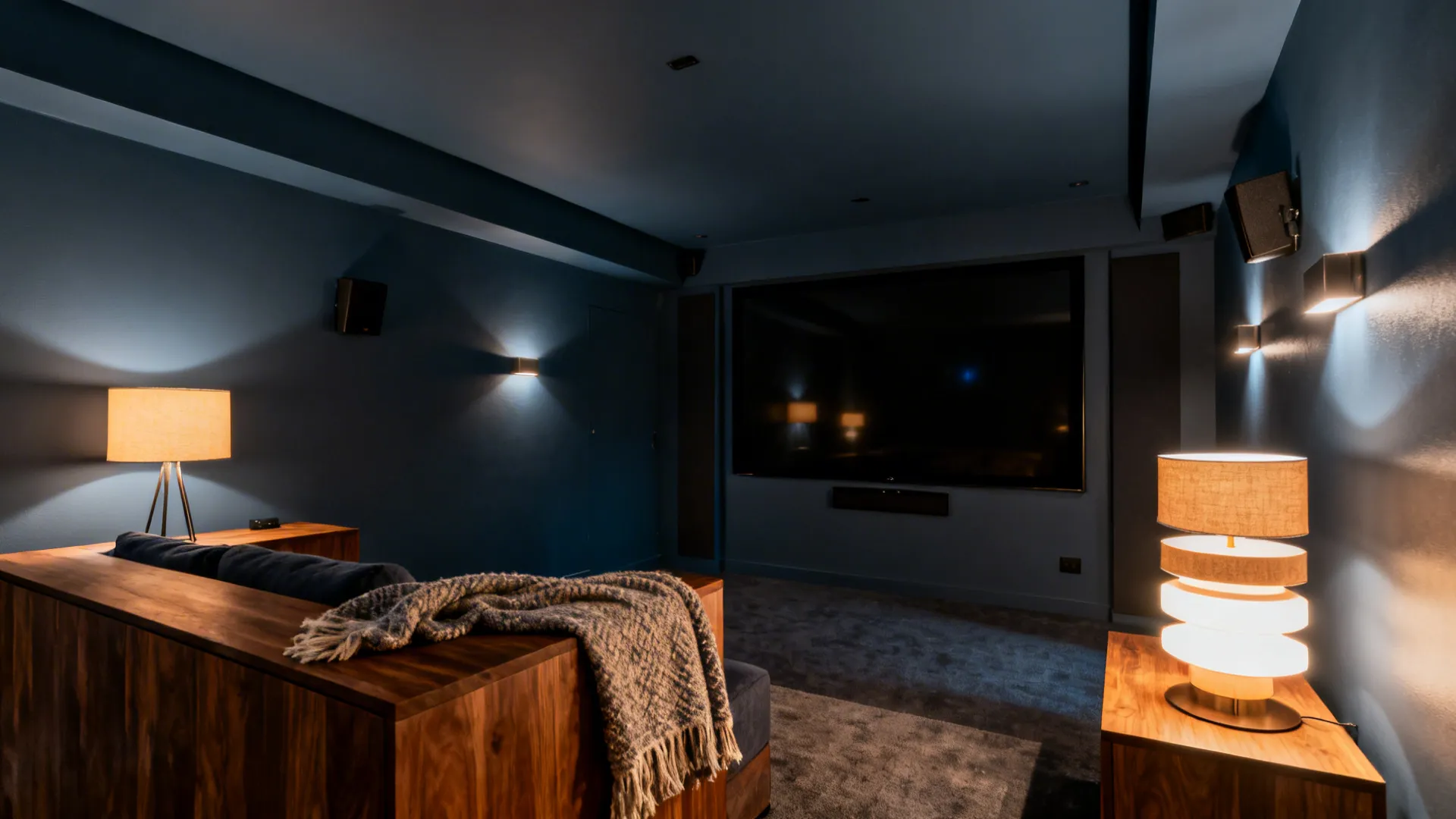 Cozy living room enveloped in blue-gray walls and ceiling with warm wood and layered lamps.