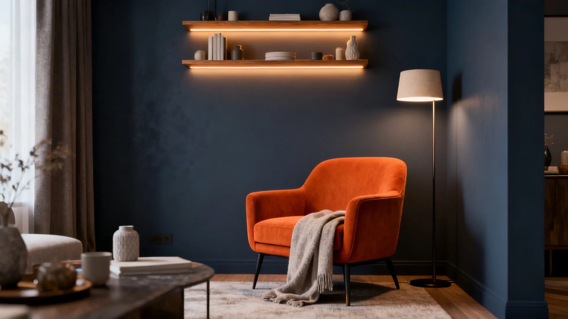 Small living room with moody blue-gray walls and a single orange armchair lit by layered warm lighting