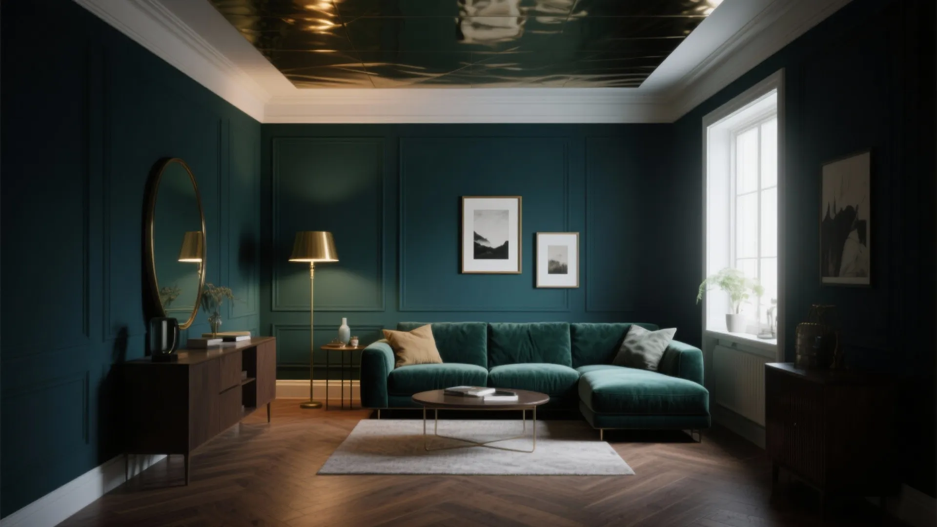 Small living room with deep navy walls, curated sofa, artwork, and bright accents to balance depth.