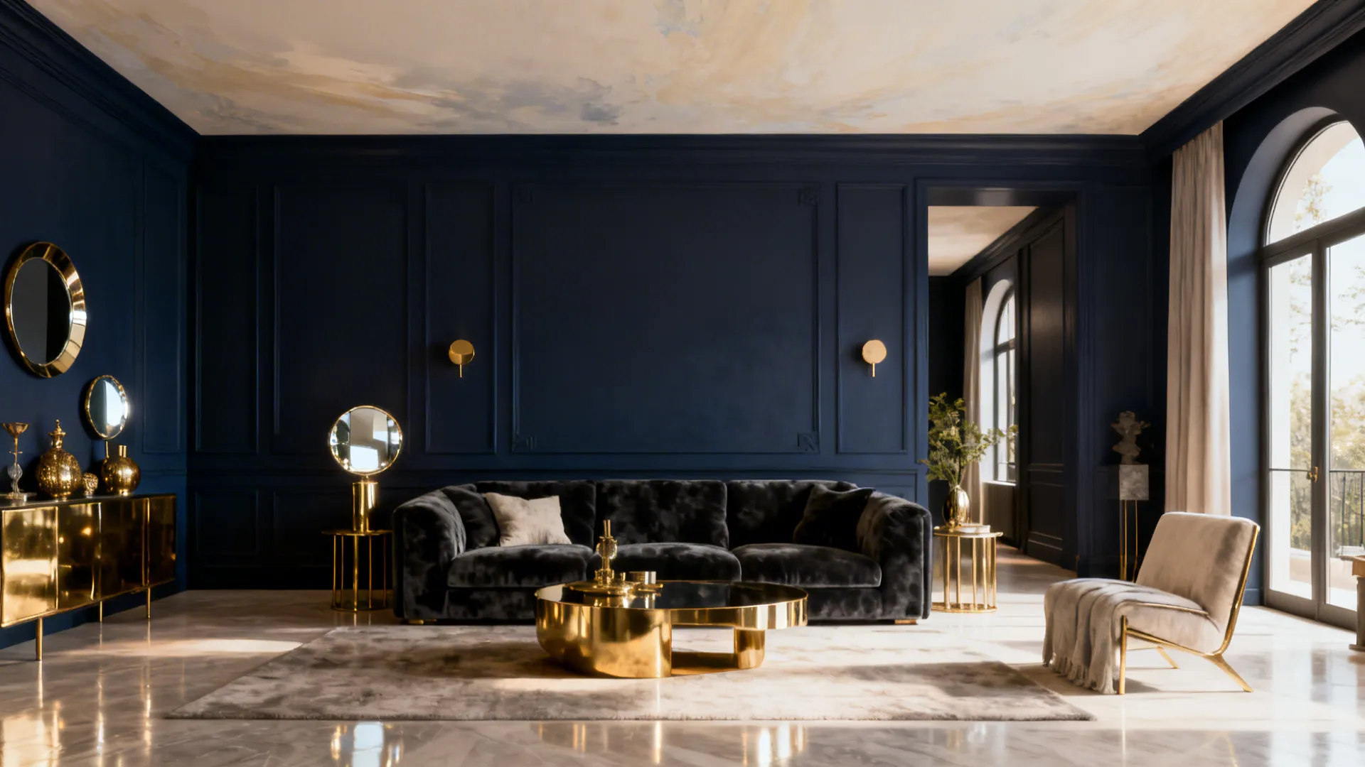 Blue living room with a black sofa gold coffee table wall panels and arch windows