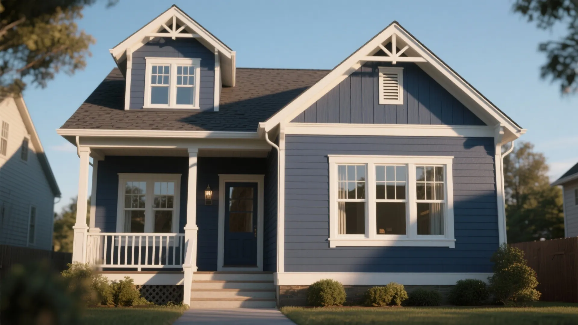 Deep moody blue-grey house exterior with crisp white trim and nautical-inspired details in soft daylight.
