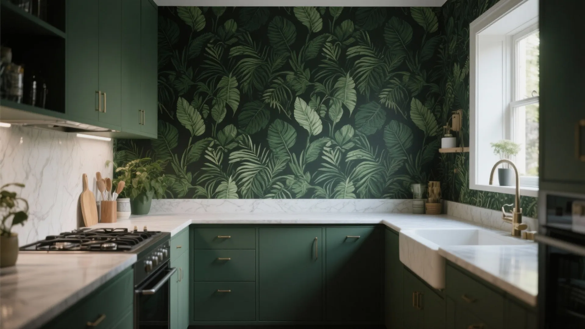 Modern kitchen with dark green cabinets white marble countertops and tropical leaf wallpaper near the window