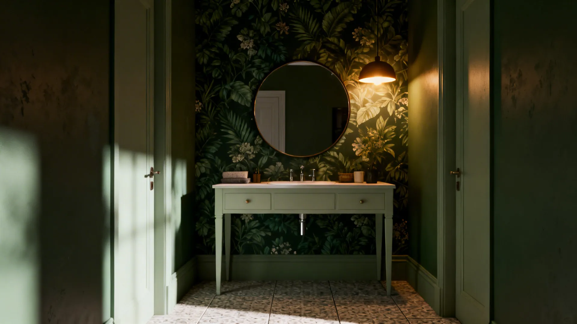 Tiny powder room with a deep green botanical wallpaper on a single wall and a pale vanity.