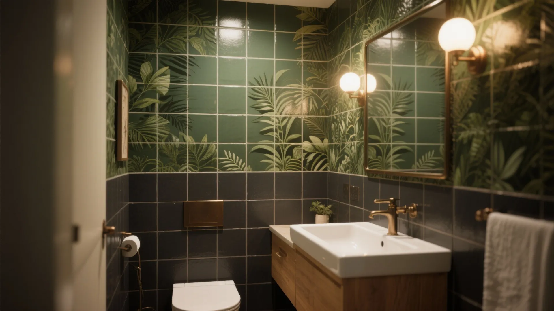 Modern bathroom with green plant wallpaper dark wall tiles wooden cabinet white sink and mirror