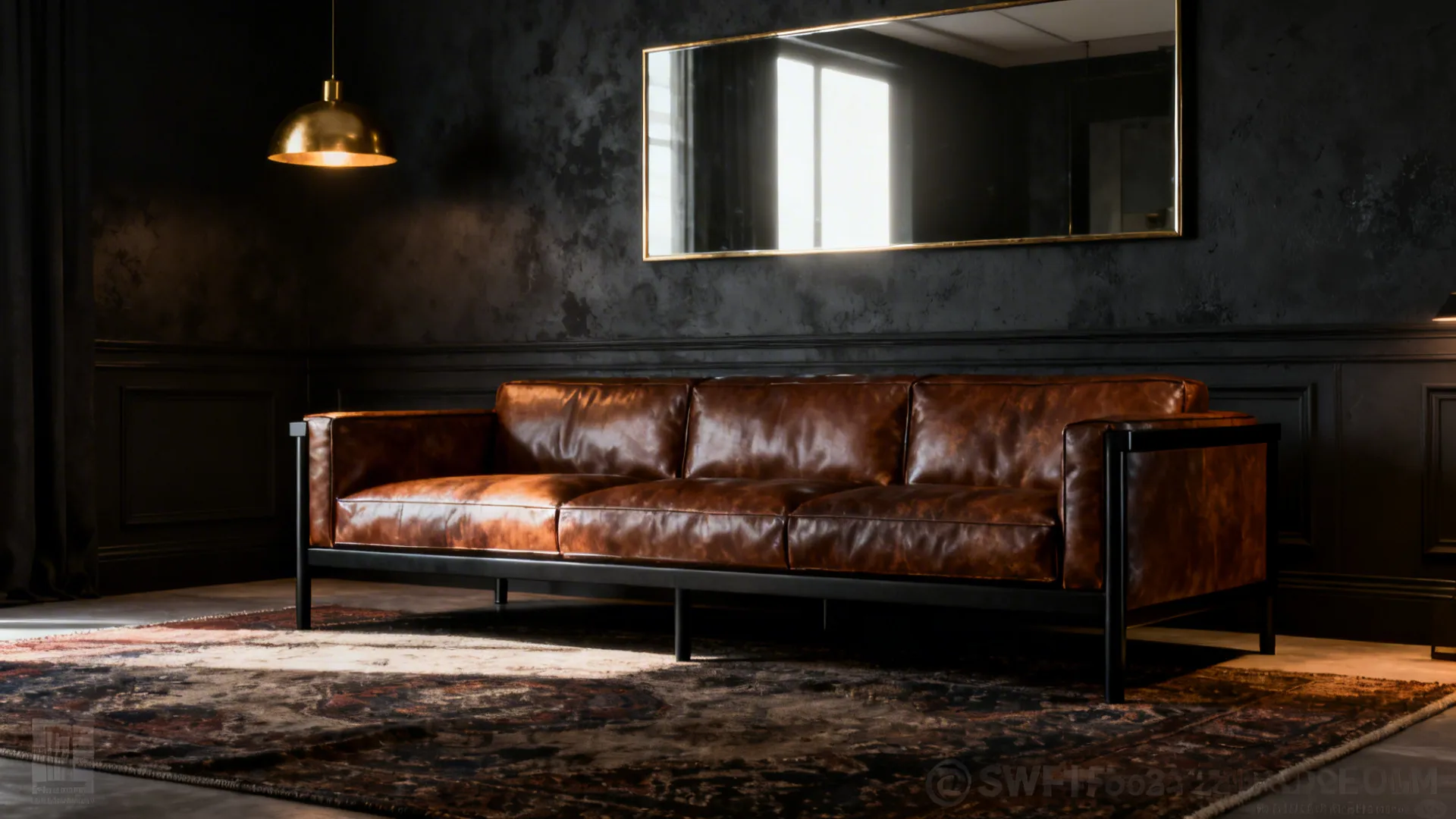 Moody living room with brown leather couch, dark accent wall and brass lighting.