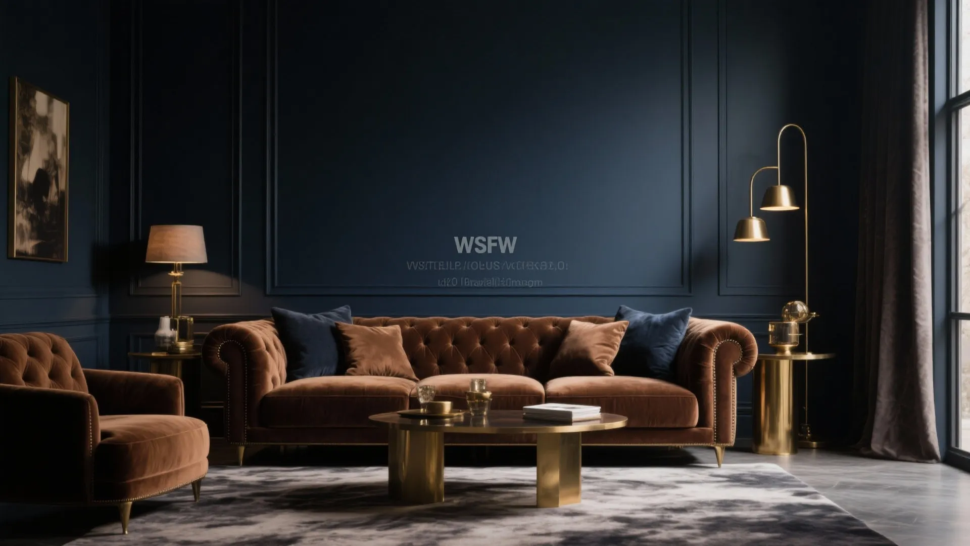 Luxurious dark living room with brown velvet sofa gold coffee table and blue wall panel design