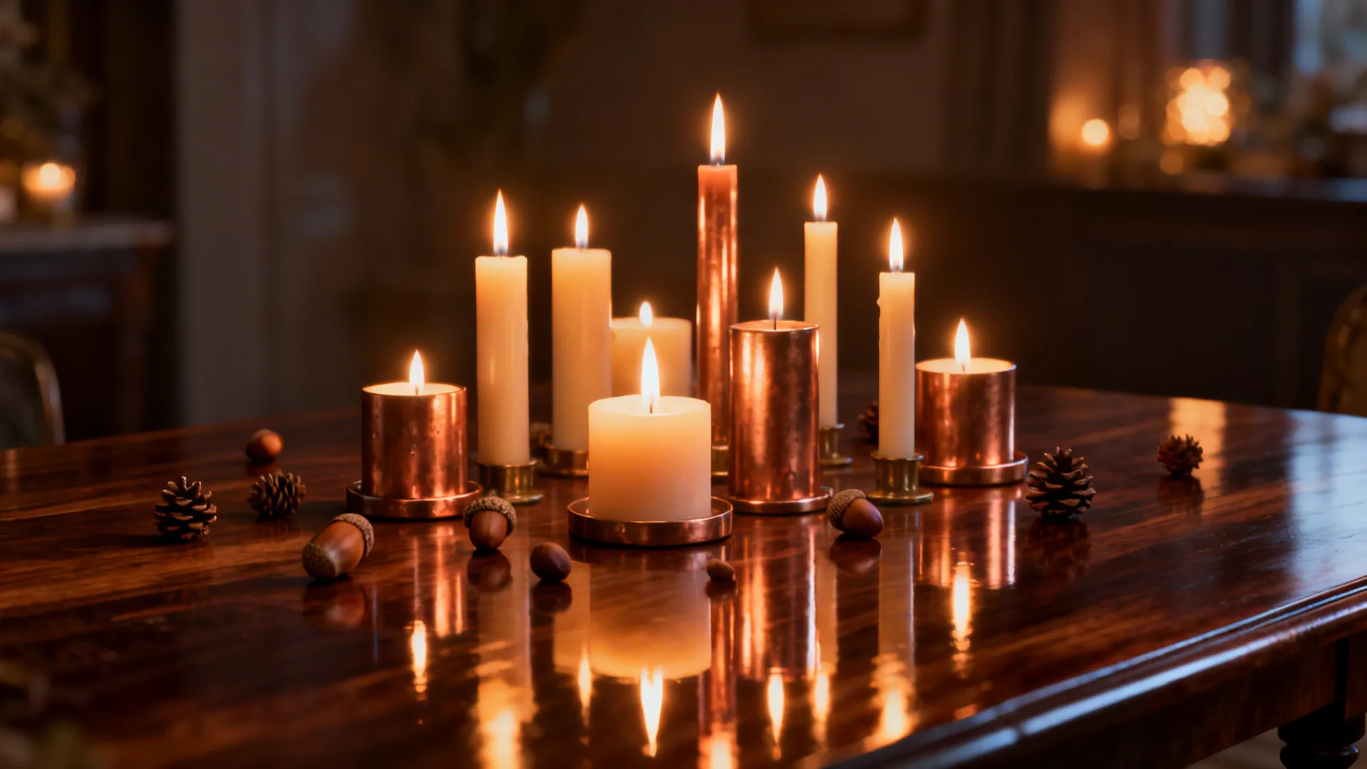 Moody candle cluster on a copper tray with acorns and pinecones creating intimate glow